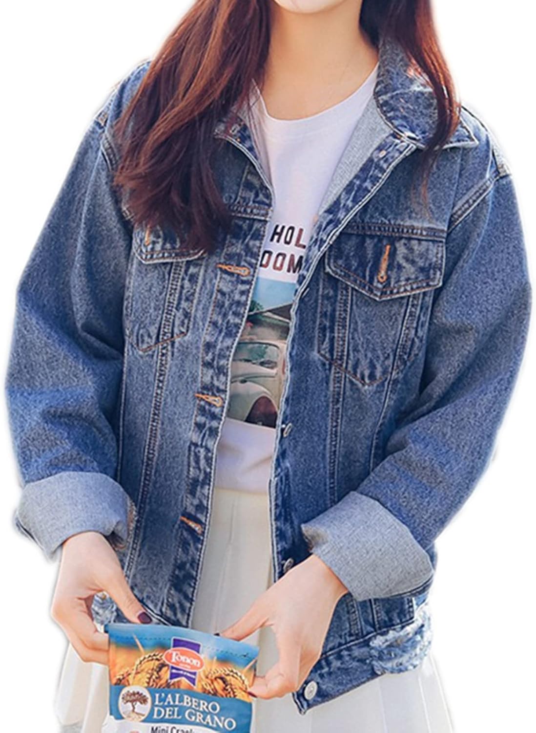 Saukiee Oversized Denim Jacket Distressed Boyfriend Jean Coat Jeans Trucker Jacket for Women Girls