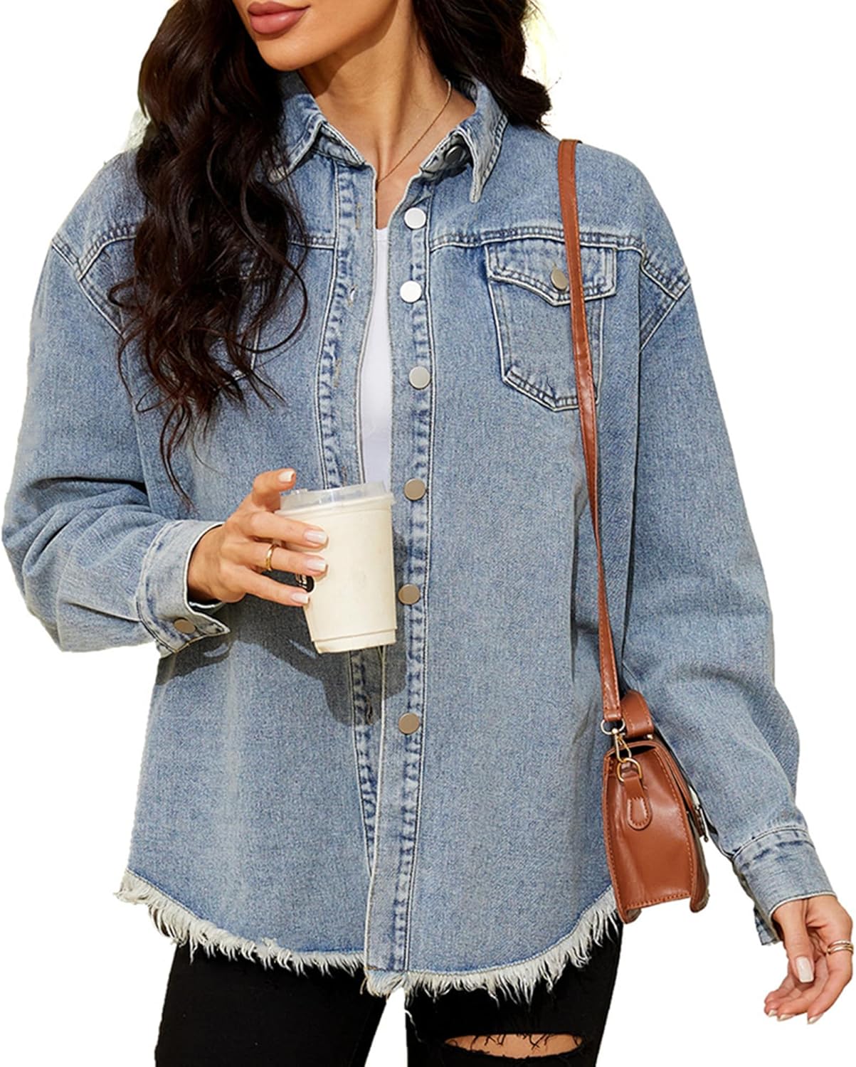 Saukiee Oversized Denim Jacket Distressed Boyfriend Jean Coat Jeans Trucker Jacket for Women Girls