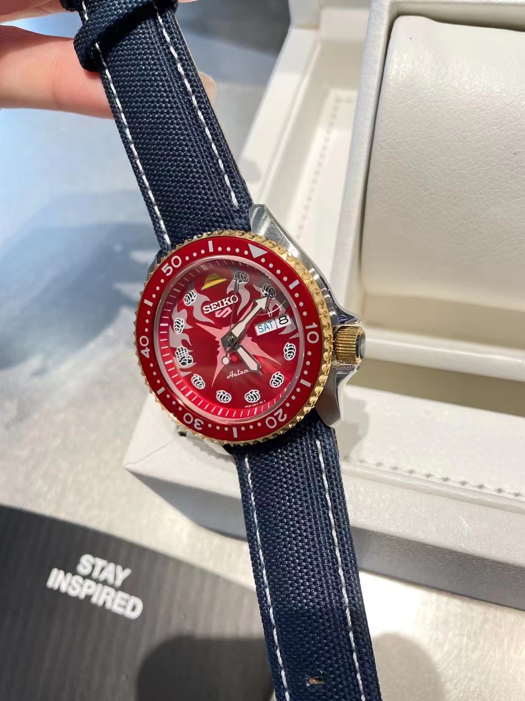 Seiko Red Dial Watch - Seiko 5 Sports Red Dial - Blue Denim Strap - Image 3