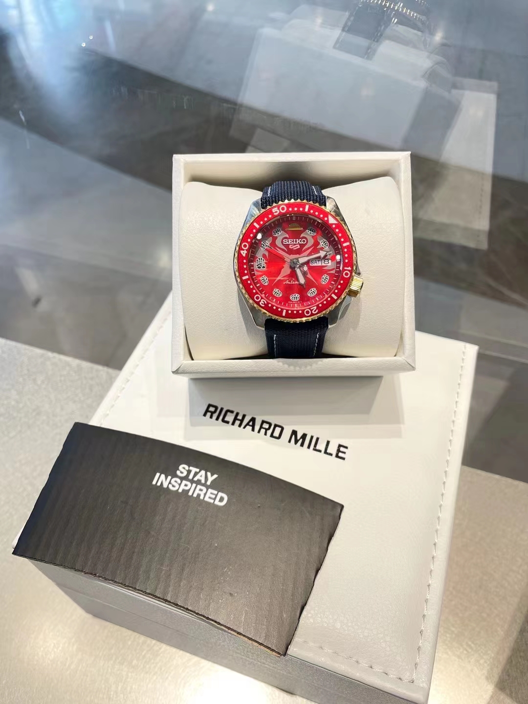 Seiko Red Dial Watch - Seiko 5 Sports Red Dial - Blue Denim Strap - Image 6