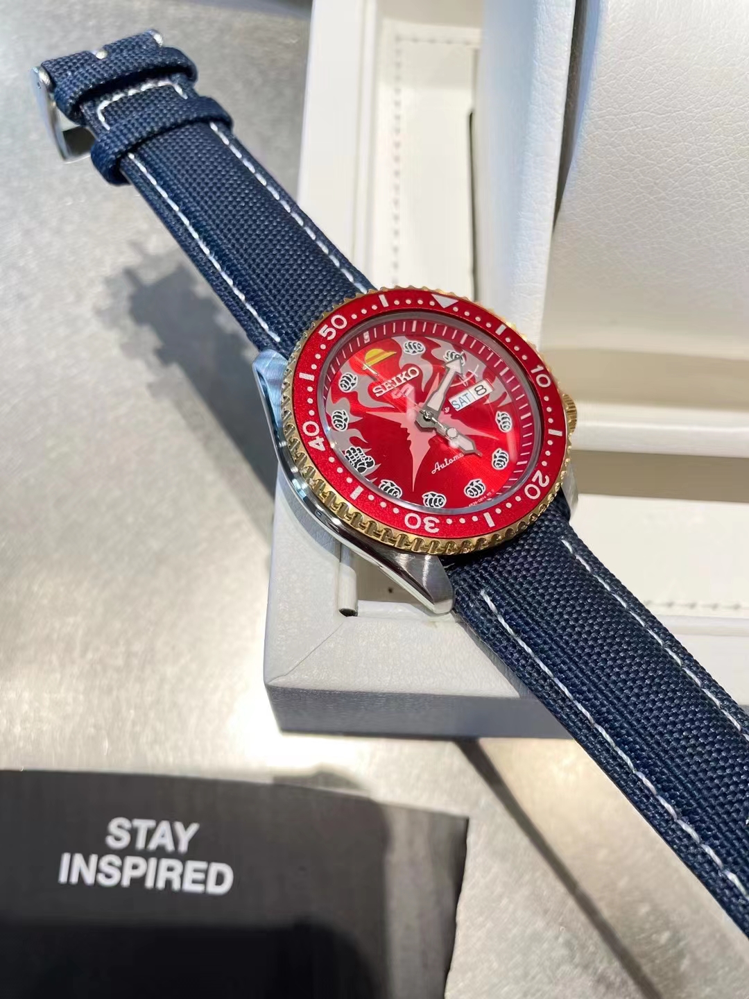 Seiko Red Dial Watch - Seiko 5 Sports Red Dial - Blue Denim Strap - Image 2