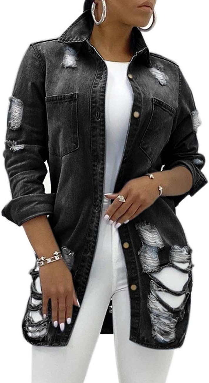SeNight Women’s Jean Jacket Long Sleeve Classic Distressed Fray Hem Tassels Denim Trucker Jackets