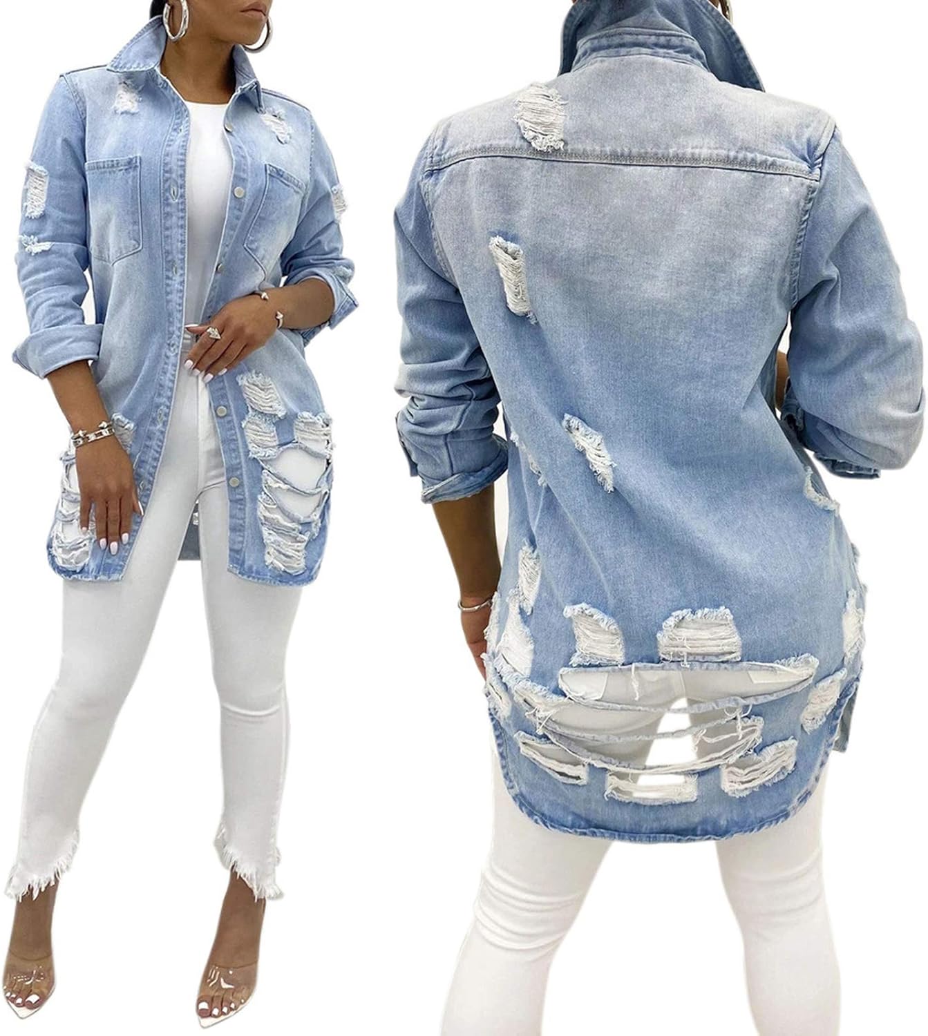 SeNight Women’s Jean Jacket Long Sleeve Classic Distressed Fray Hem Tassels Denim Trucker Jackets