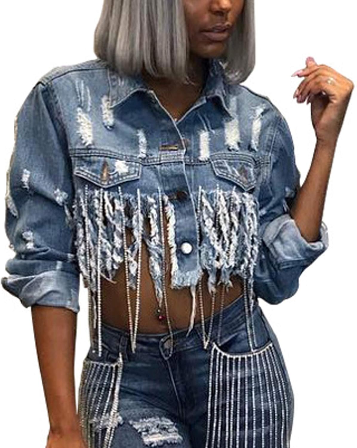 SeNight Women’s Jean Jacket Long Sleeve Classic Distressed Fray Hem Tassels Denim Trucker Jackets