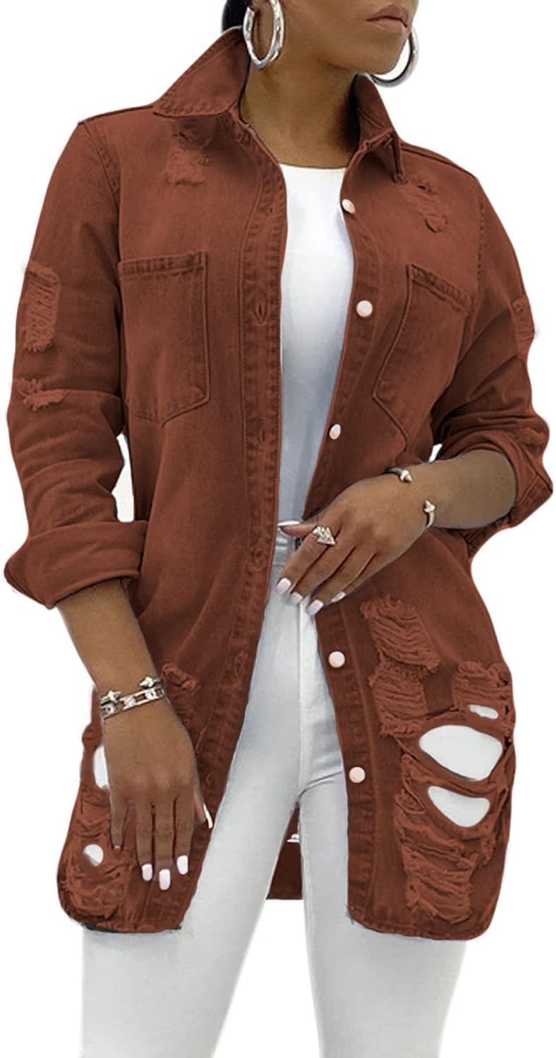 SeNight Women’s Jean Jacket Long Sleeve Classic Distressed Fray Hem Tassels Denim Trucker Jackets