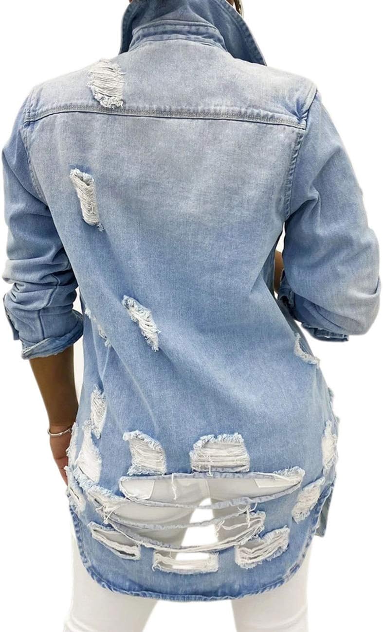 SeNight Women’s Jean Jacket Long Sleeve Classic Distressed Fray Hem Tassels Denim Trucker Jackets