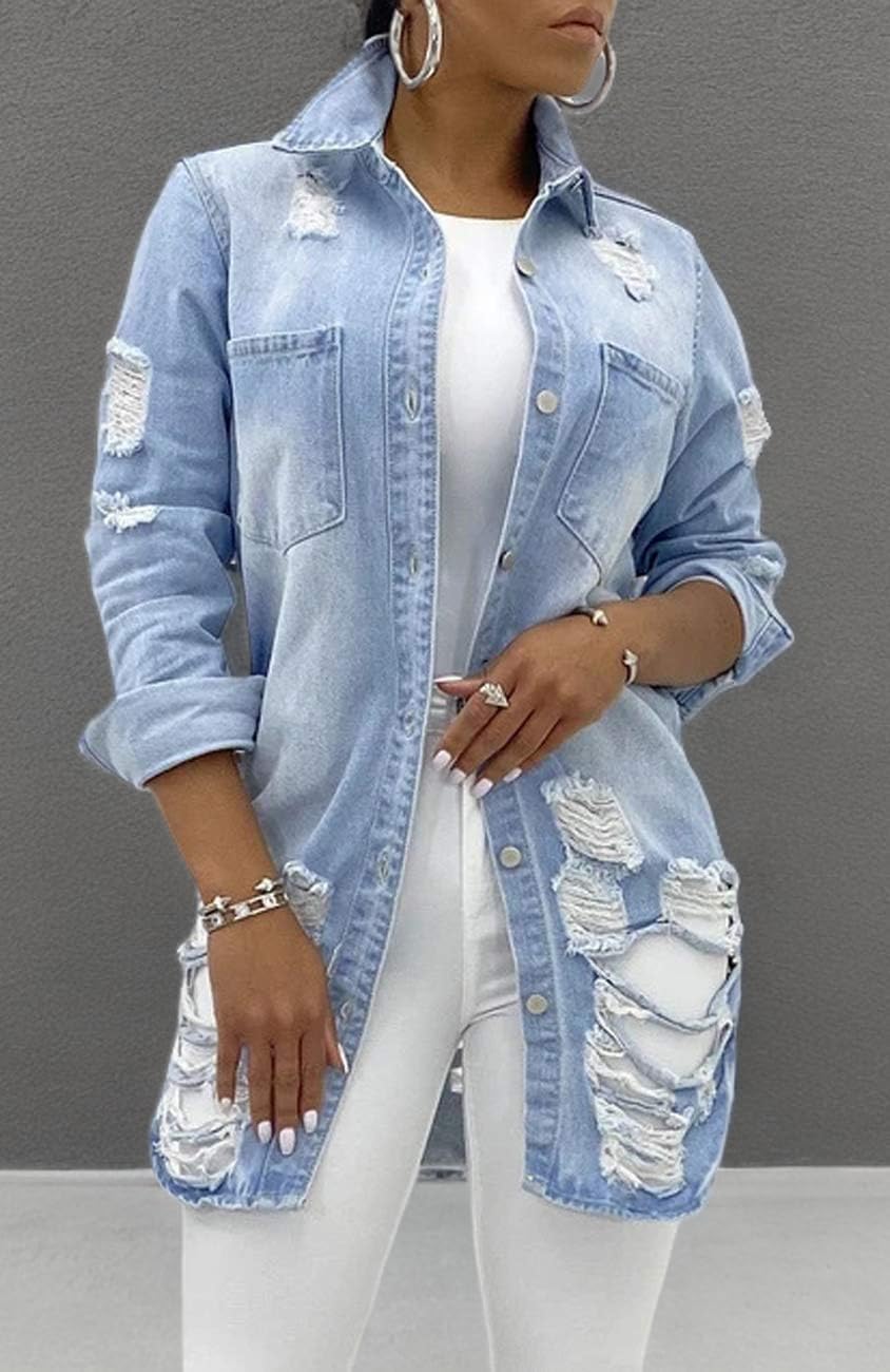 SeNight Women’s Jean Jacket Long Sleeve Classic Distressed Fray Hem Tassels Denim Trucker Jackets