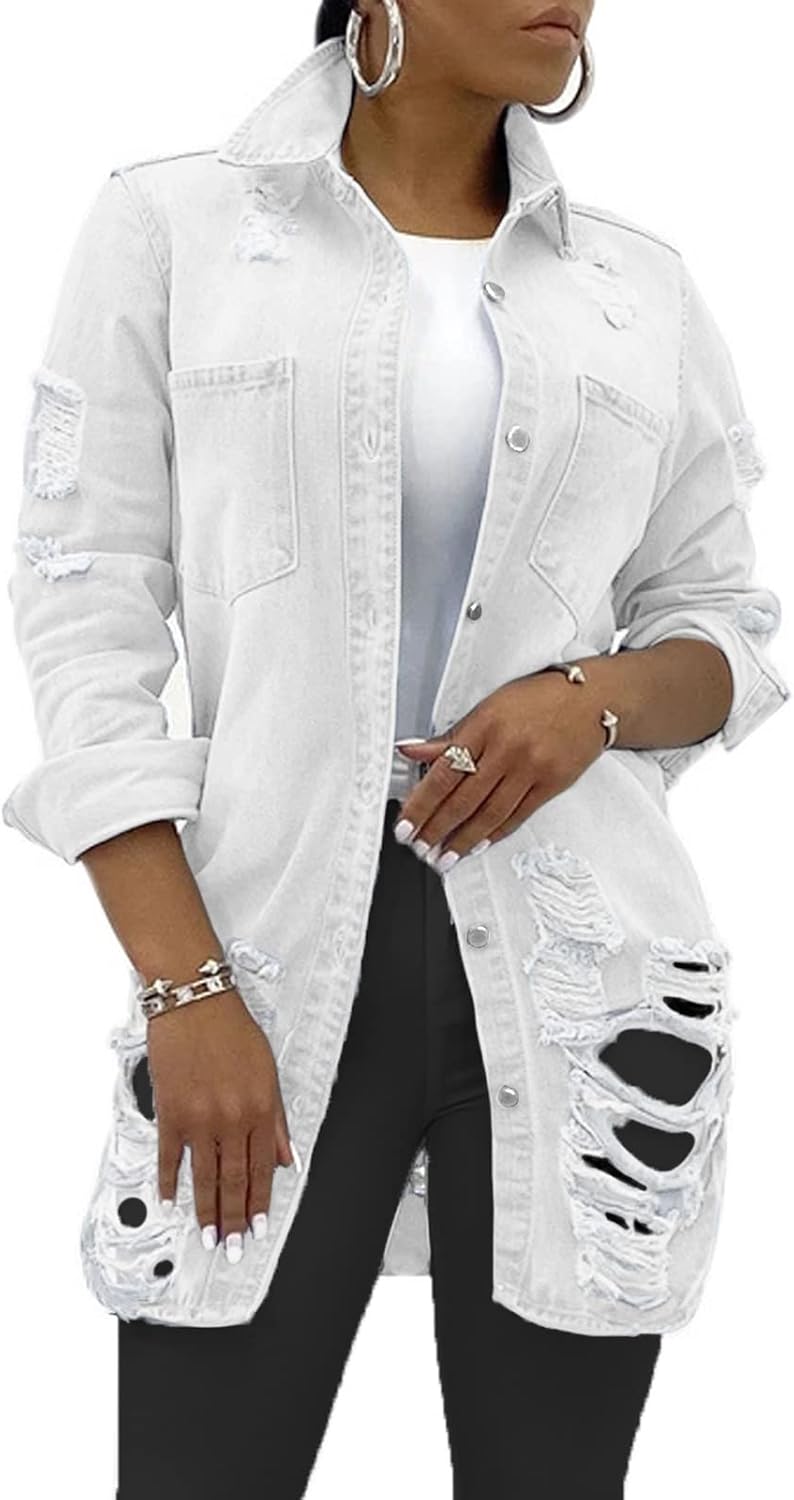 SeNight Women’s Jean Jacket Long Sleeve Classic Distressed Fray Hem Tassels Denim Trucker Jackets