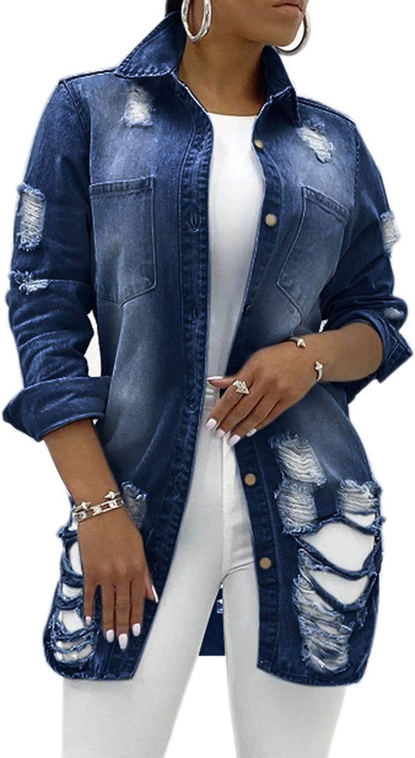 SeNight Women’s Jean Jacket Long Sleeve Classic Distressed Fray Hem Tassels Denim Trucker Jackets