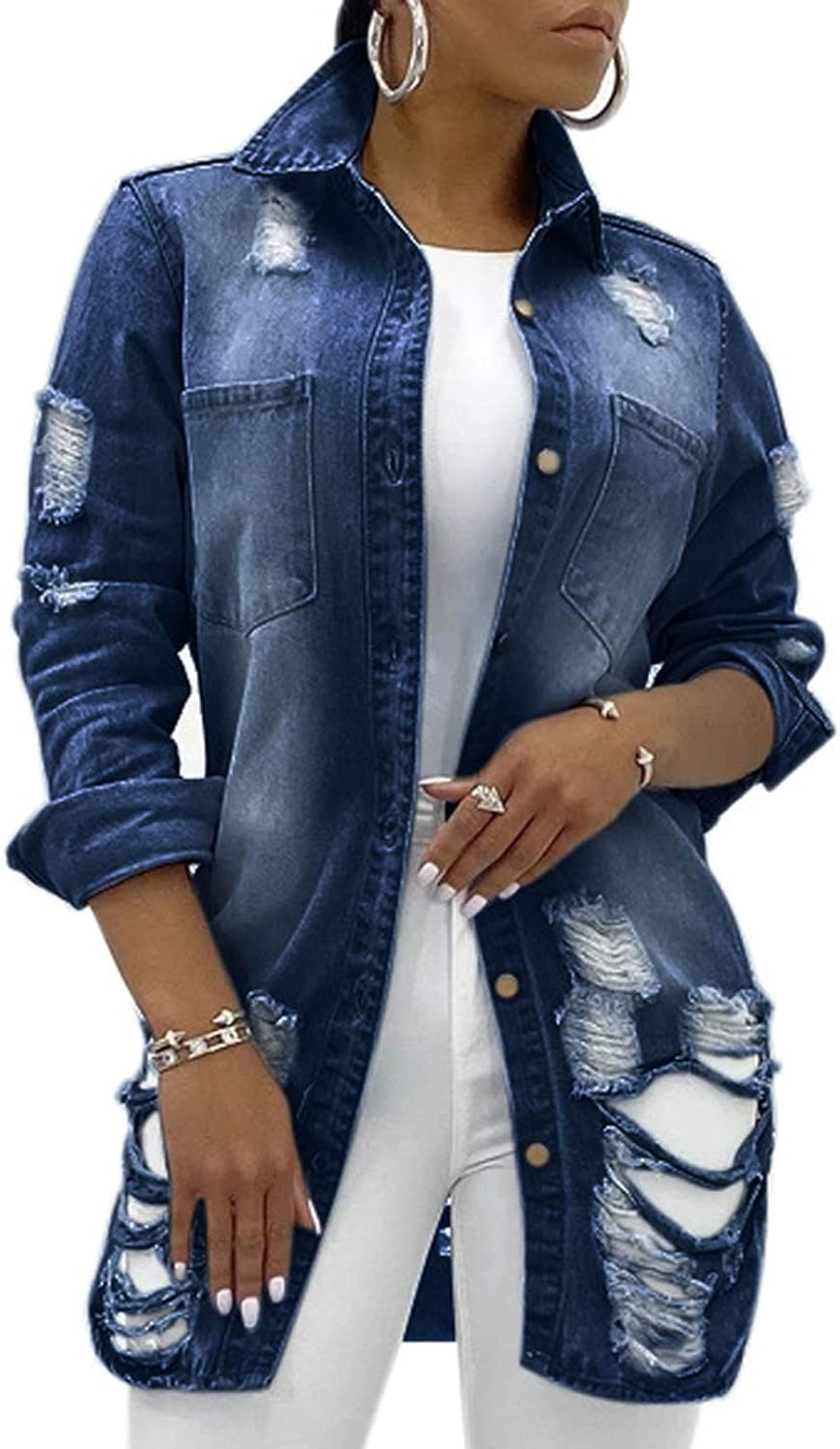 sexycherry Denim Jacket for Women Long Sleeve Classic Trucker Jeans Long Coat Outwear with Pockets