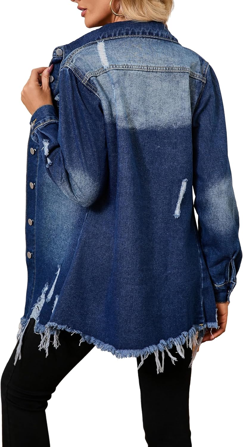 sexycherry Denim Jacket for Women Long Sleeve Classic Trucker Jeans Long Coat Outwear with Pockets