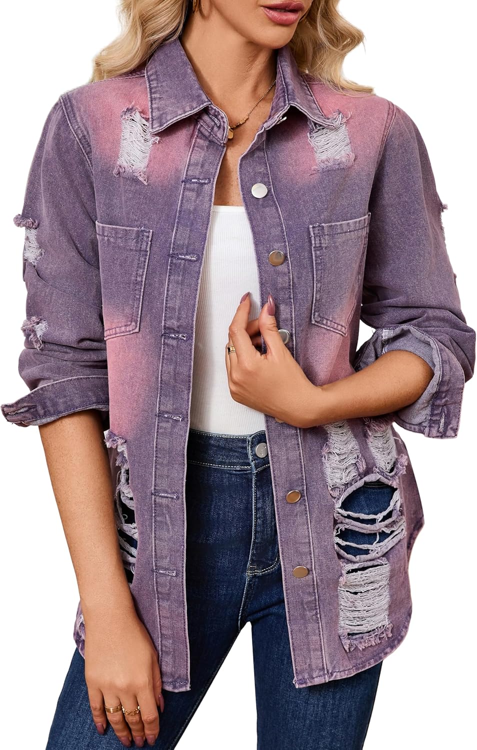 sexycherry Denim Jacket for Women Long Sleeve Classic Trucker Jeans Long Coat Outwear with Pockets