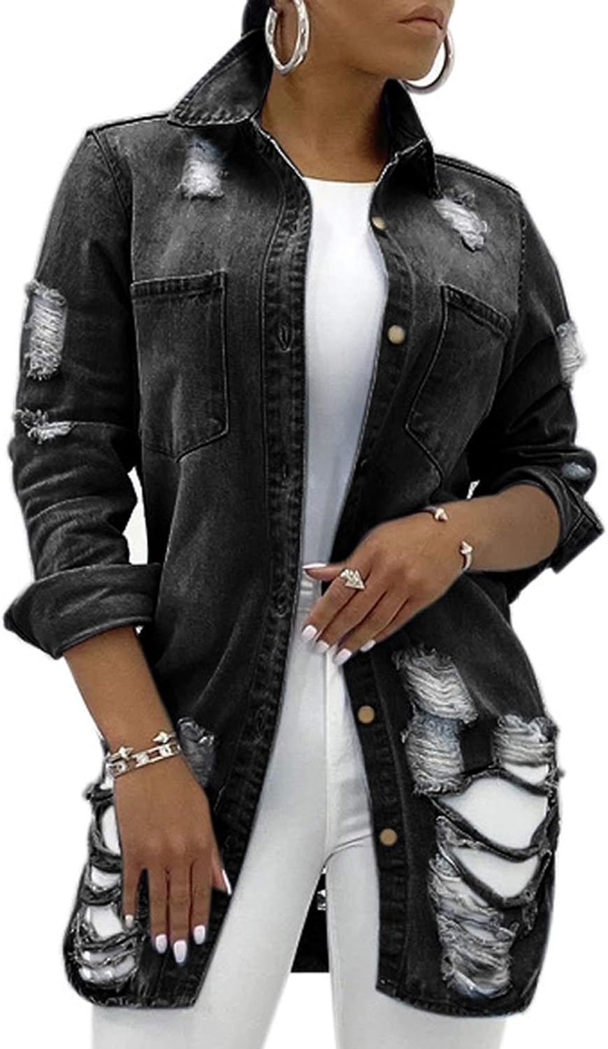 sexycherry Denim Jacket for Women Long Sleeve Classic Trucker Jeans Long Coat Outwear with Pockets