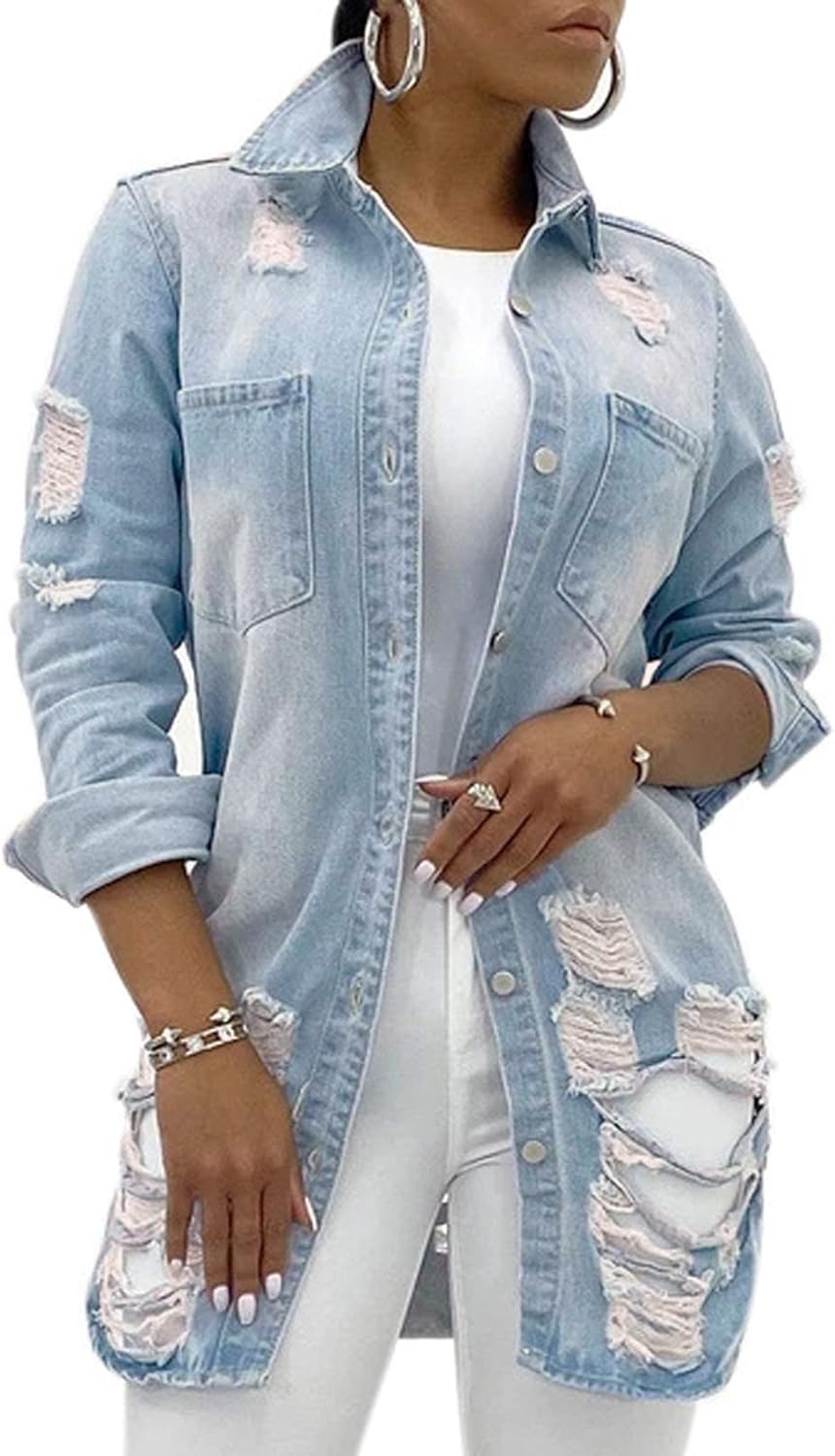 sexycherry Denim Jacket for Women Long Sleeve Classic Trucker Jeans Long Coat Outwear with Pockets