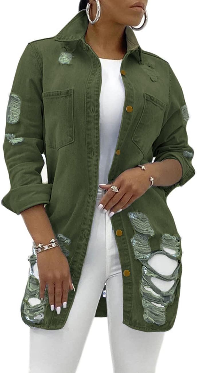 sexycherry Denim Jacket for Women Long Sleeve Classic Trucker Jeans Long Coat Outwear with Pockets