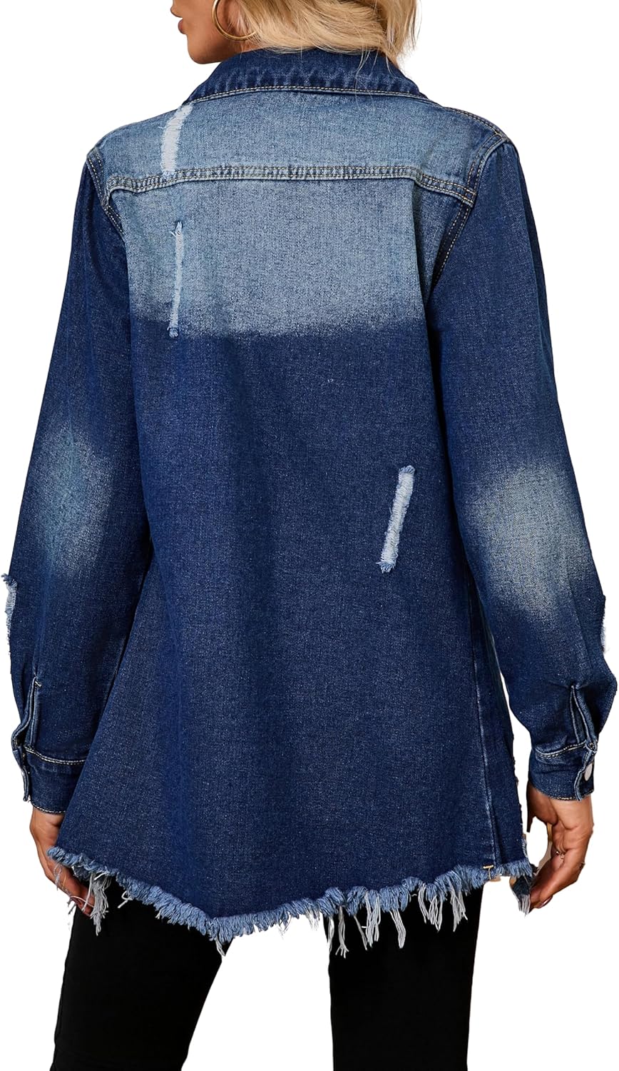 sexycherry Denim Jacket for Women Long Sleeve Classic Trucker Jeans Long Coat Outwear with Pockets