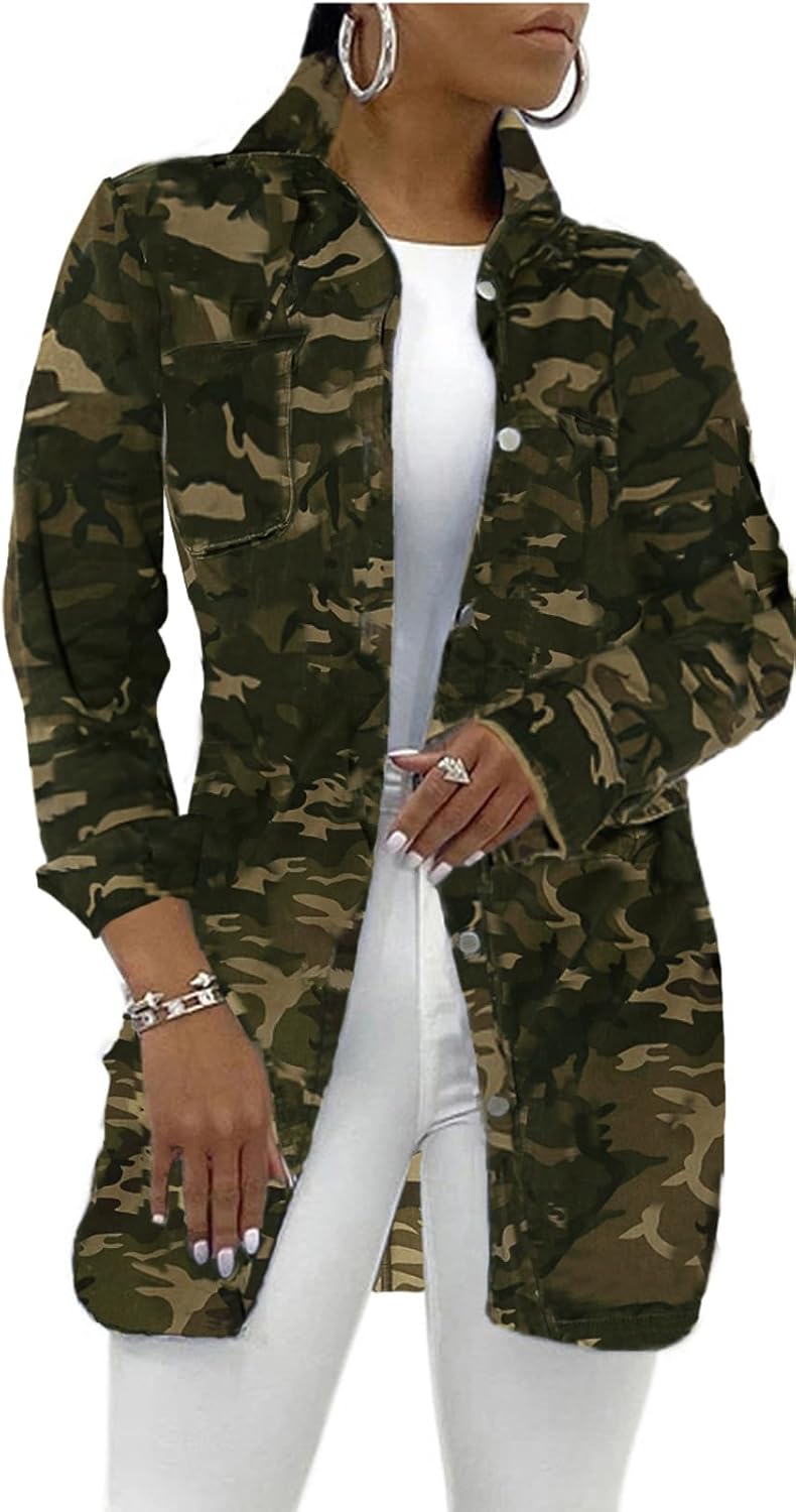 sexycherry Denim Jacket for Women Long Sleeve Classic Trucker Jeans Long Coat Outwear with Pockets