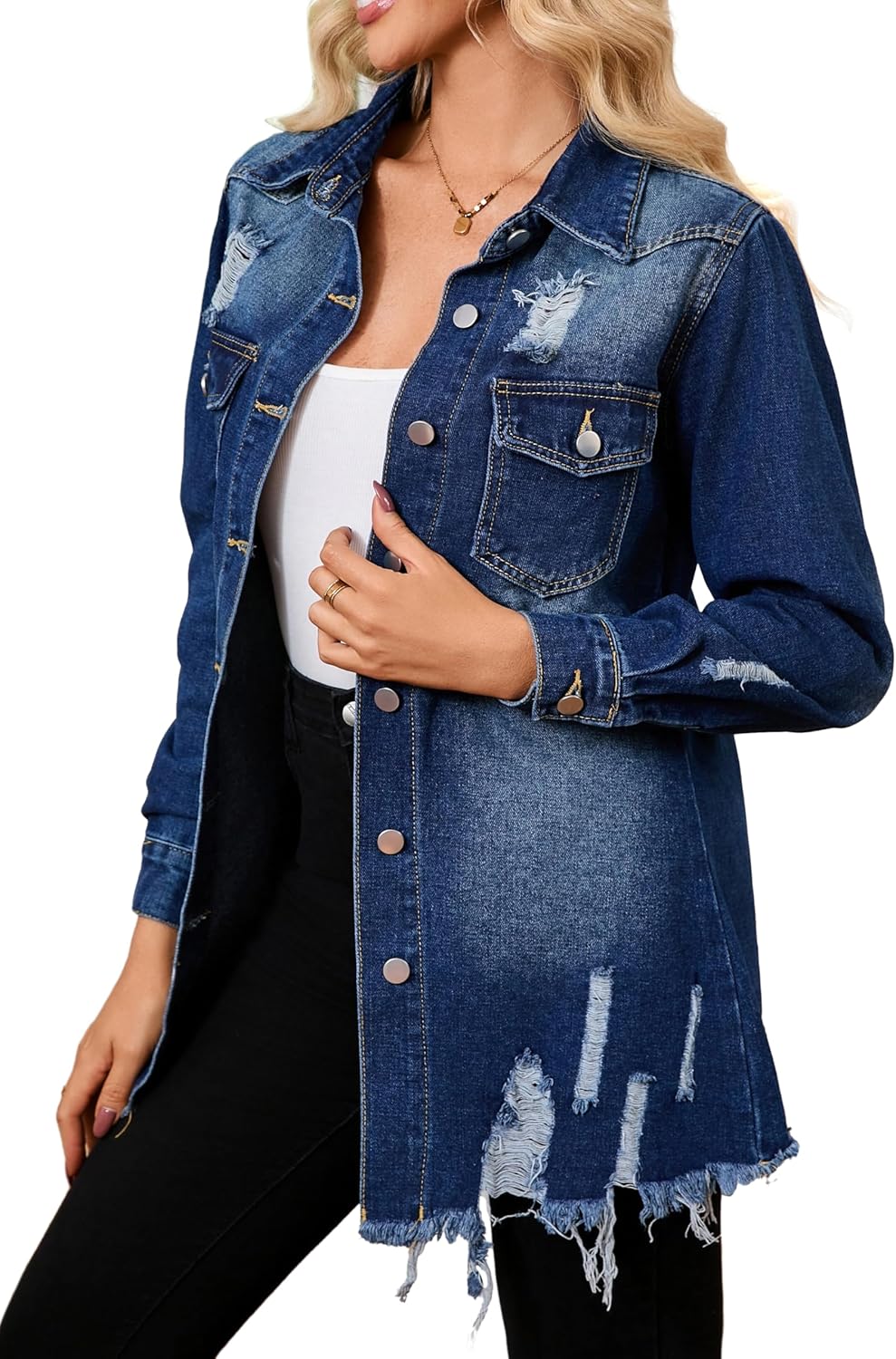 sexycherry Denim Jacket for Women Long Sleeve Classic Trucker Jeans Long Coat Outwear with Pockets