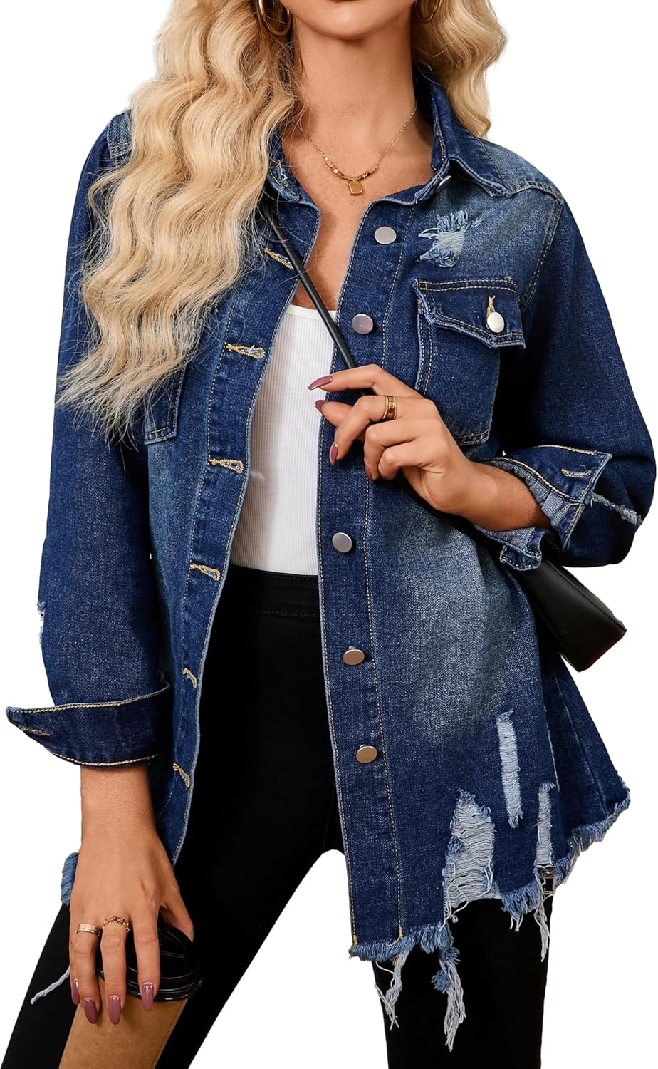 sexycherry Denim Jacket for Women Long Sleeve Classic Trucker Jeans Long Coat Outwear with Pockets