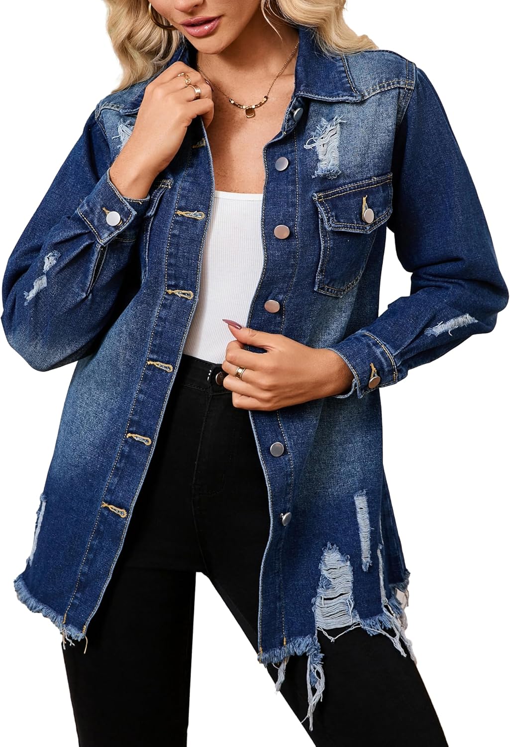 sexycherry Denim Jacket for Women Long Sleeve Classic Trucker Jeans Long Coat Outwear with Pockets