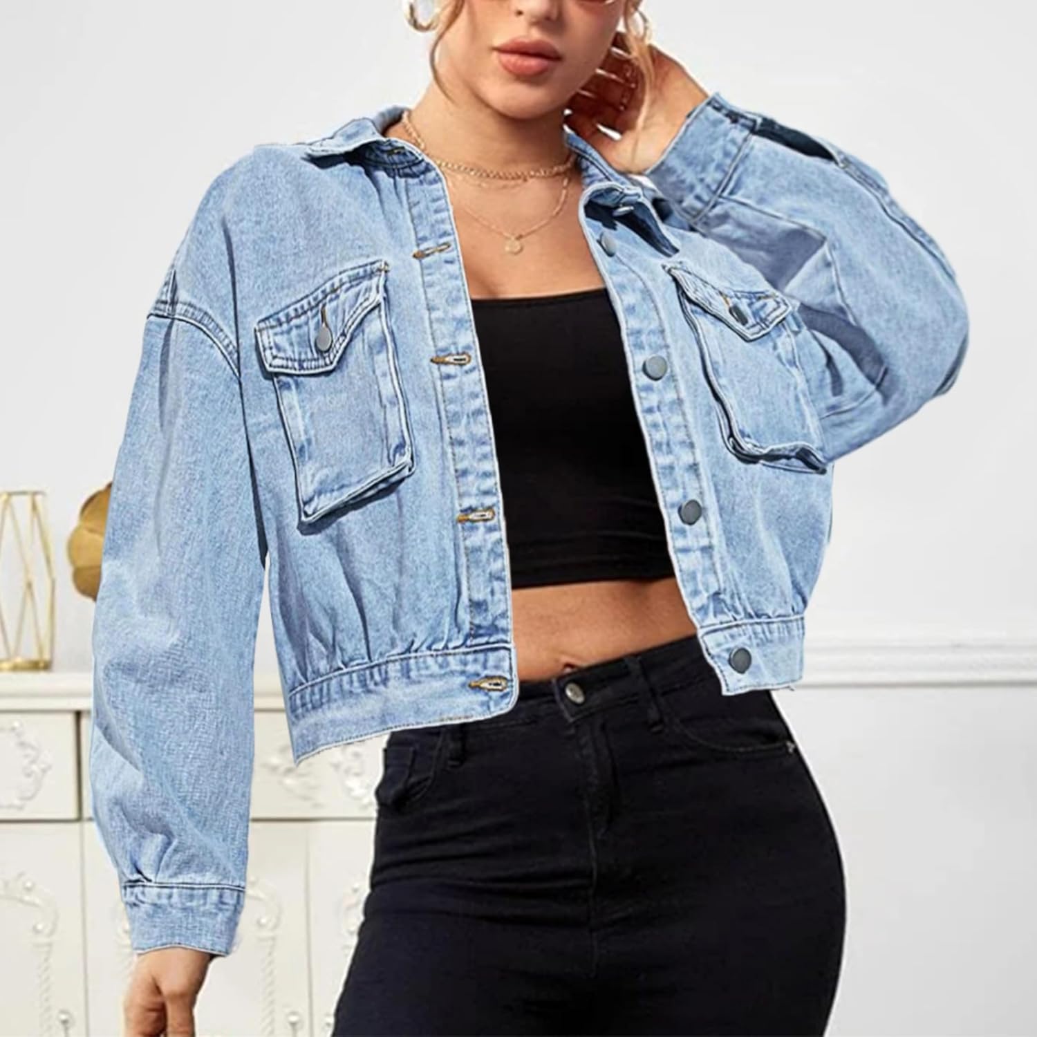 Shebote Women’s Casual Cropped Denim Jacket Western Basic Lapel Button Up Long Sleeve Trucker Jean Jacket Biker Coat Tops