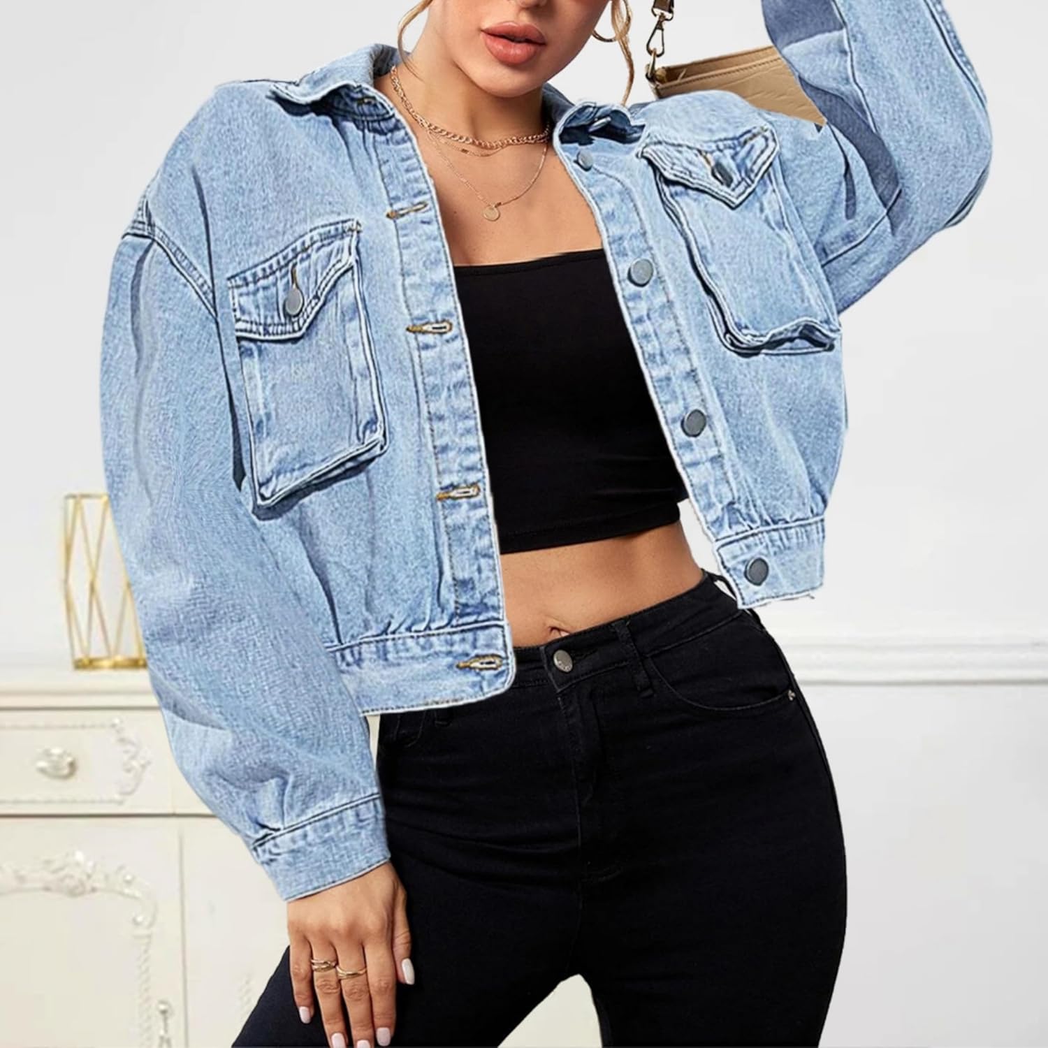 Shebote Women’s Casual Cropped Denim Jacket Western Basic Lapel Button Up Long Sleeve Trucker Jean Jacket Biker Coat Tops