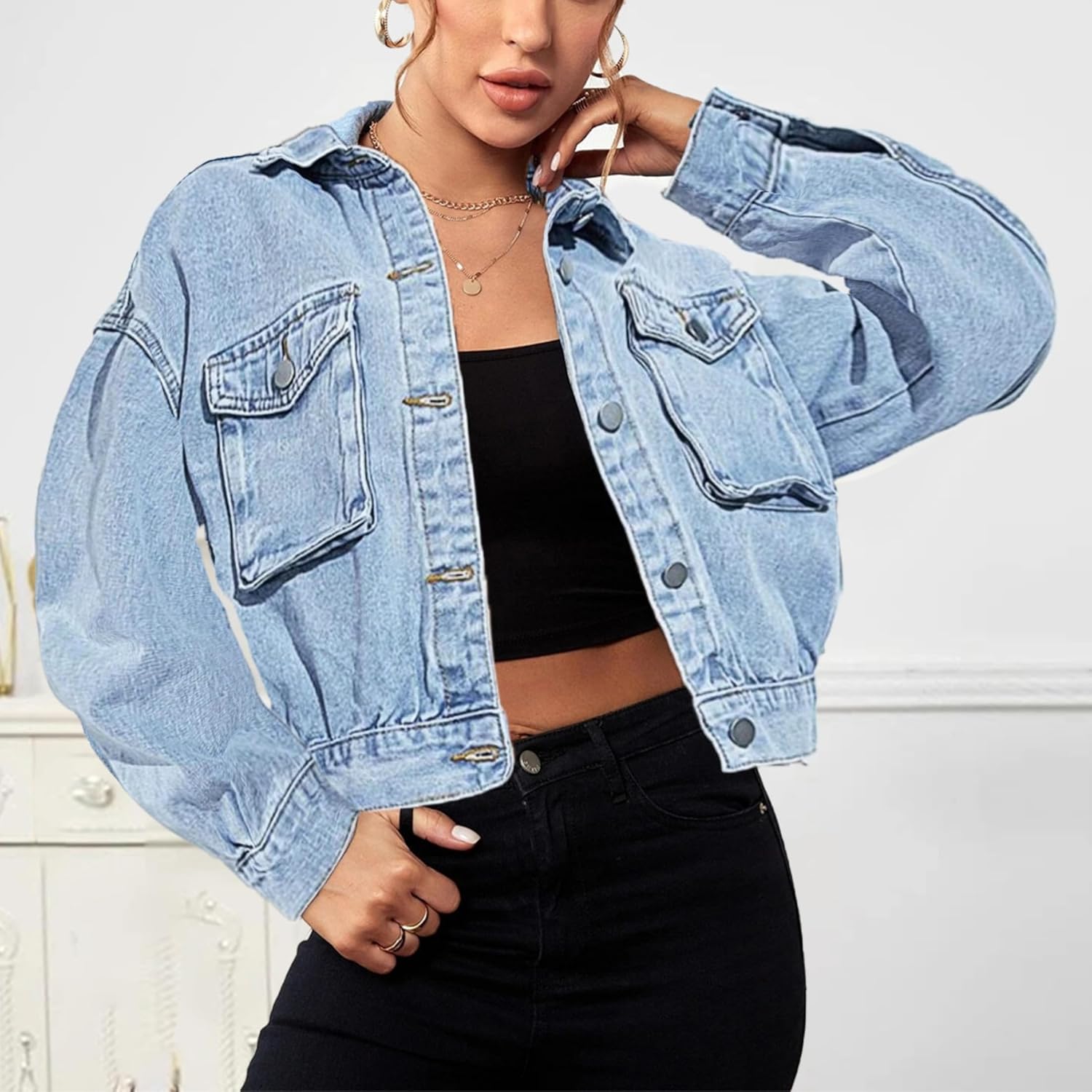 Shebote Women’s Casual Cropped Denim Jacket Western Basic Lapel Button Up Long Sleeve Trucker Jean Jacket Biker Coat Tops