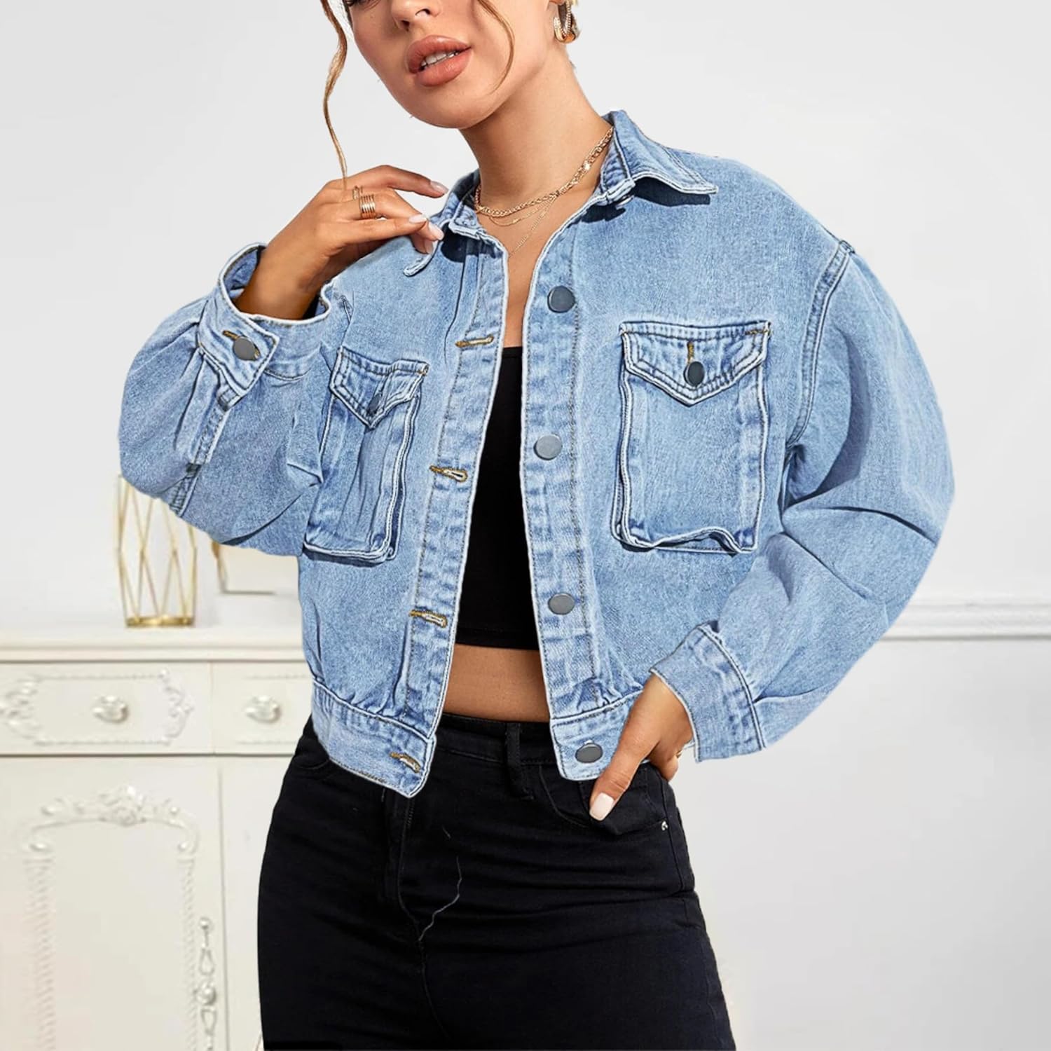 Shebote Women’s Casual Cropped Denim Jacket Western Basic Lapel Button Up Long Sleeve Trucker Jean Jacket Biker Coat Tops