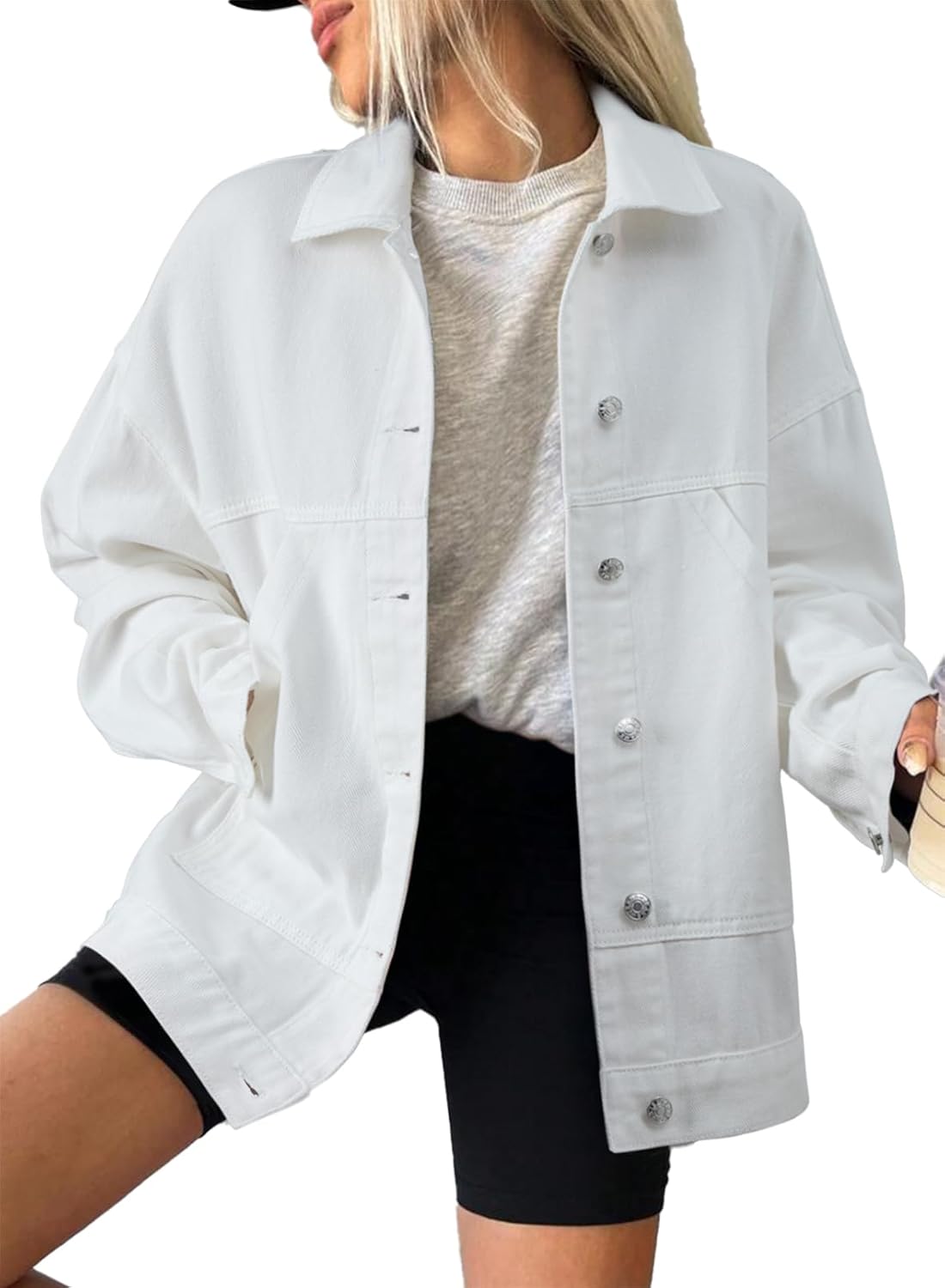 SHEWIN Womens Denim Jacket Casual Long Sleeve Drop Shoulder Button Front Jean Jacket Coat With Pockets