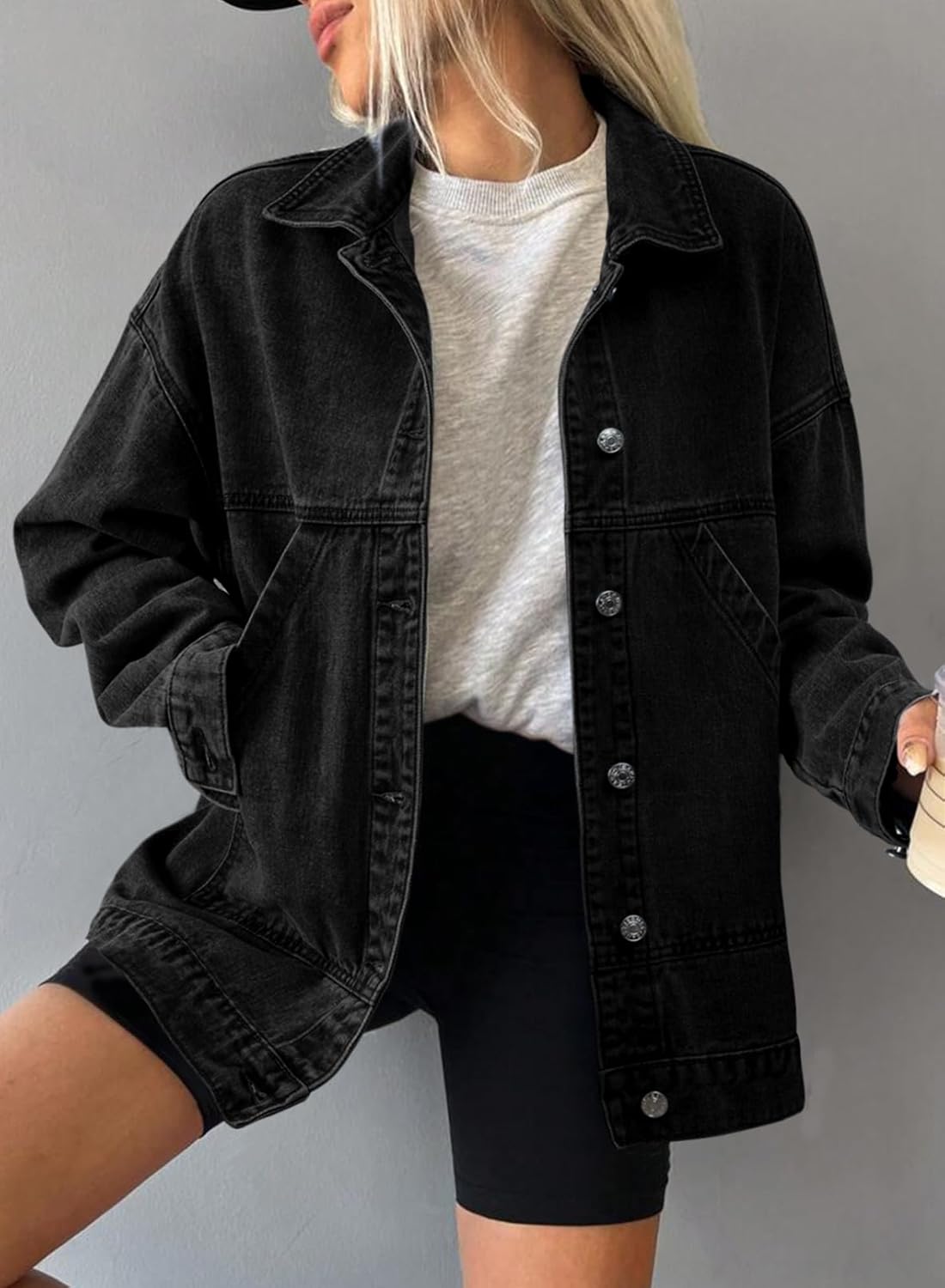 SHEWIN Womens Denim Jacket Casual Long Sleeve Drop Shoulder Button Front Jean Jacket Coat With Pockets