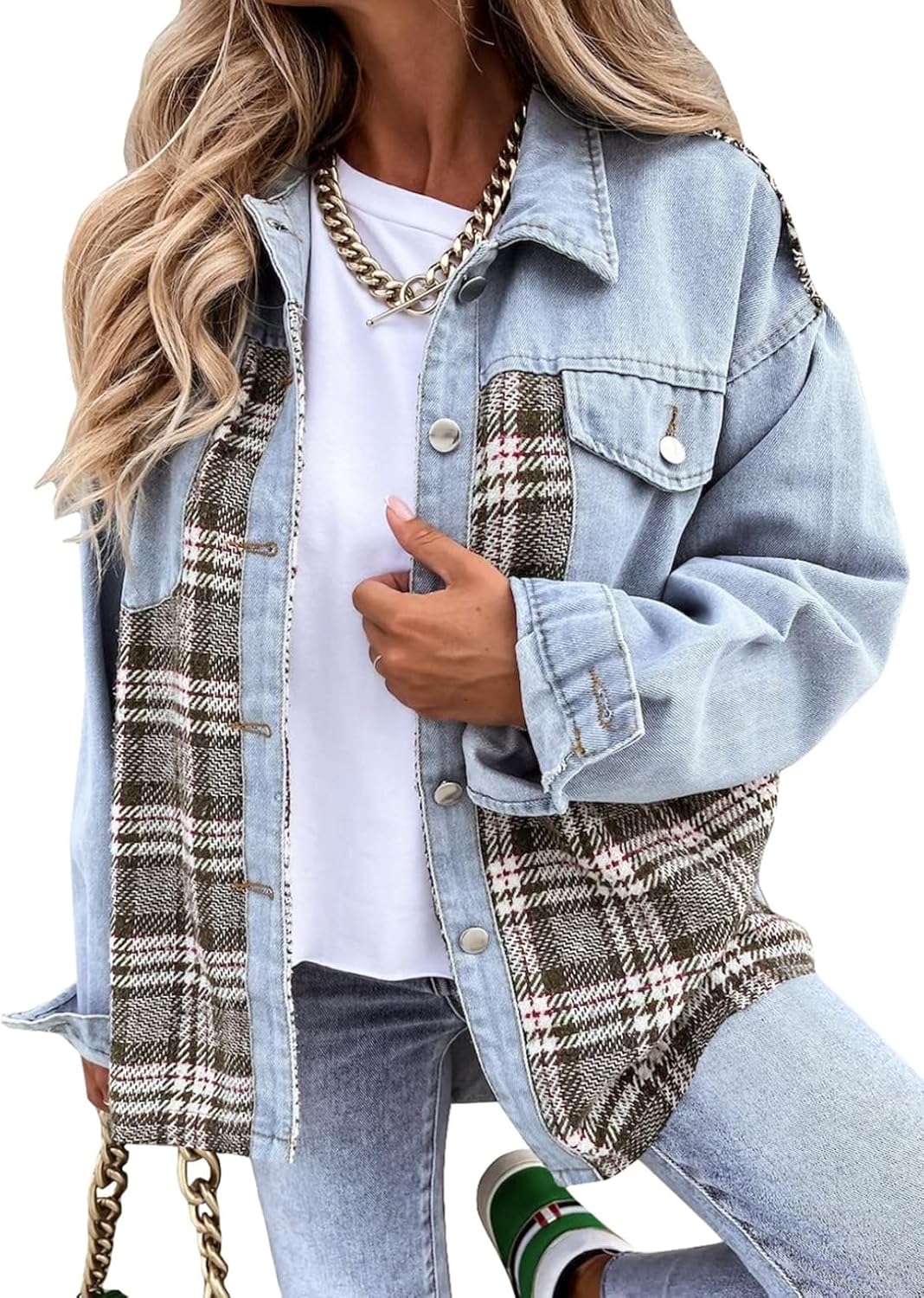 SHEWIN Womens Oversized Denim Jacket Casual Long Sleeve Button Down Plaid Shacket Boyfriend Jean Jacket With Pockets