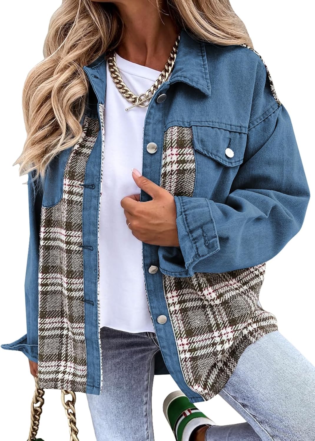 SHEWIN Womens Oversized Denim Jacket Casual Long Sleeve Button Down Plaid Shacket Boyfriend Jean Jacket With Pockets