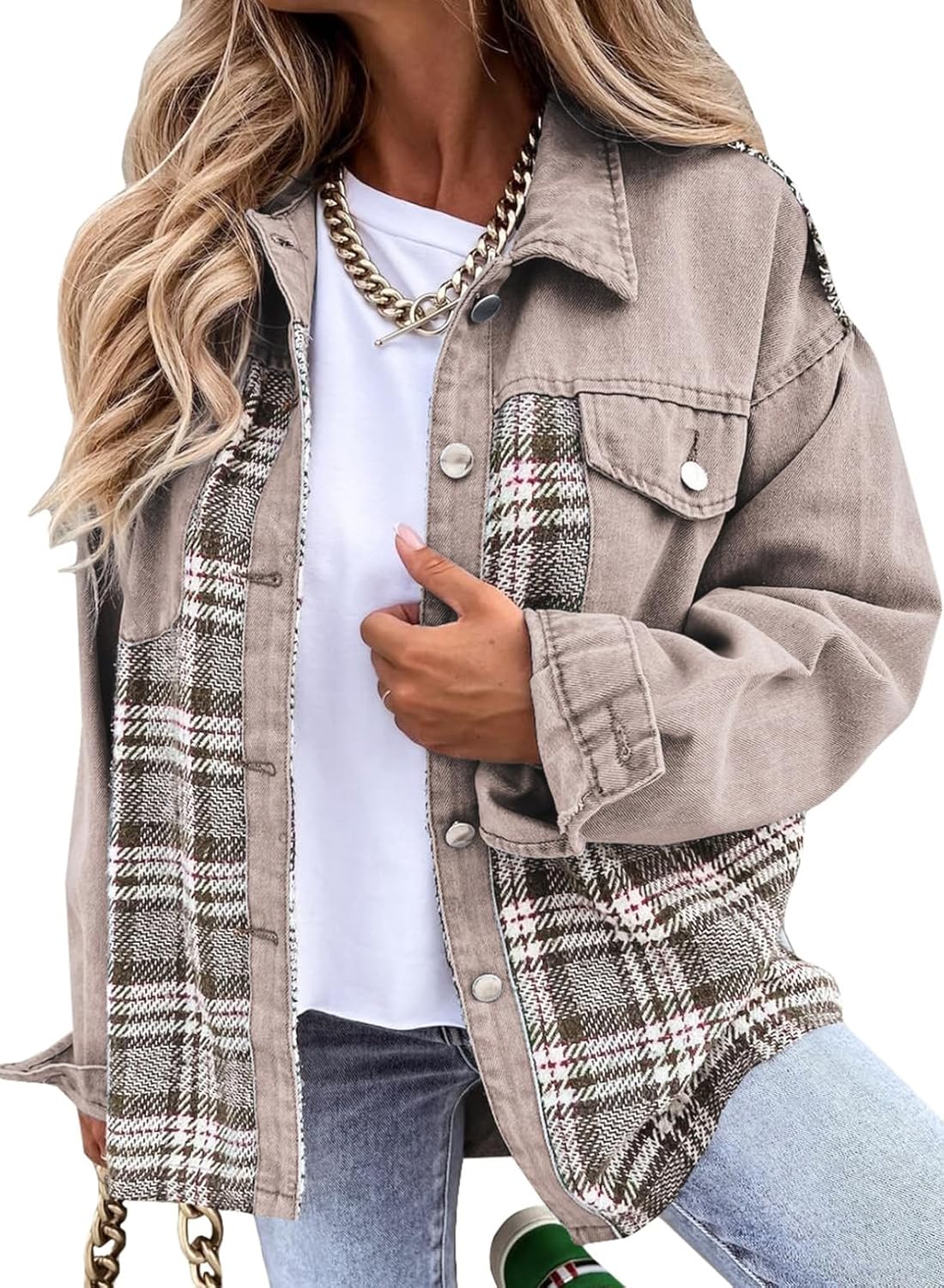 SHEWIN Womens Oversized Denim Jacket Casual Long Sleeve Button Down Plaid Shacket Boyfriend Jean Jacket With Pockets