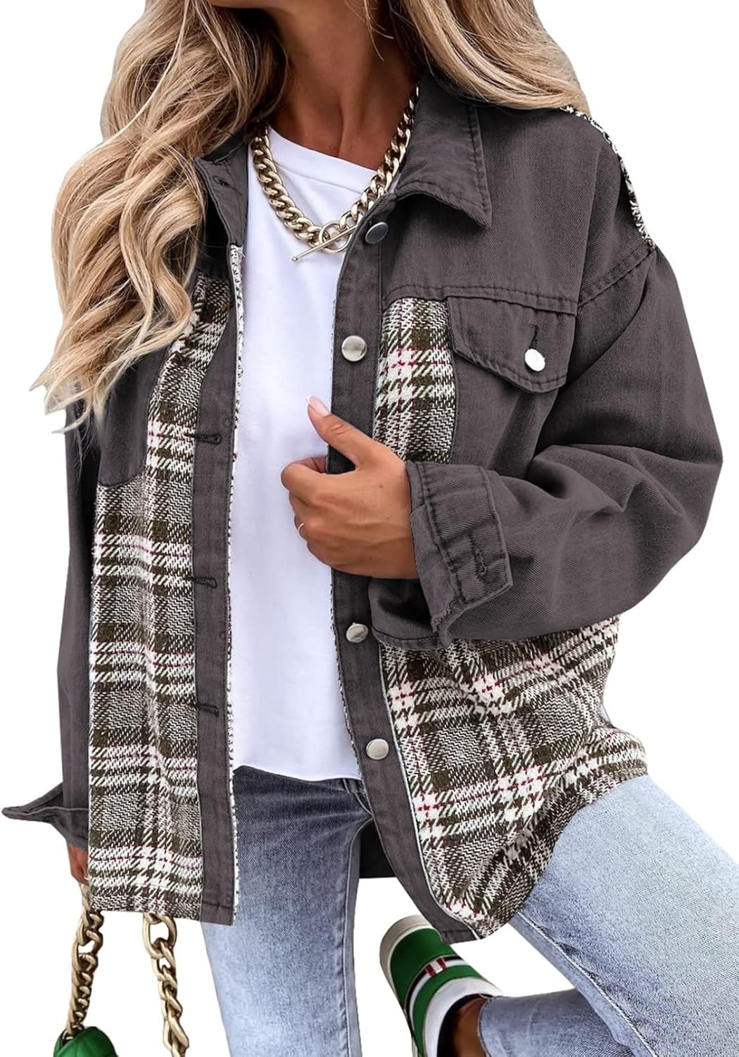 SHEWIN Womens Oversized Denim Jacket Casual Long Sleeve Button Down Plaid Shacket Boyfriend Jean Jacket With Pockets