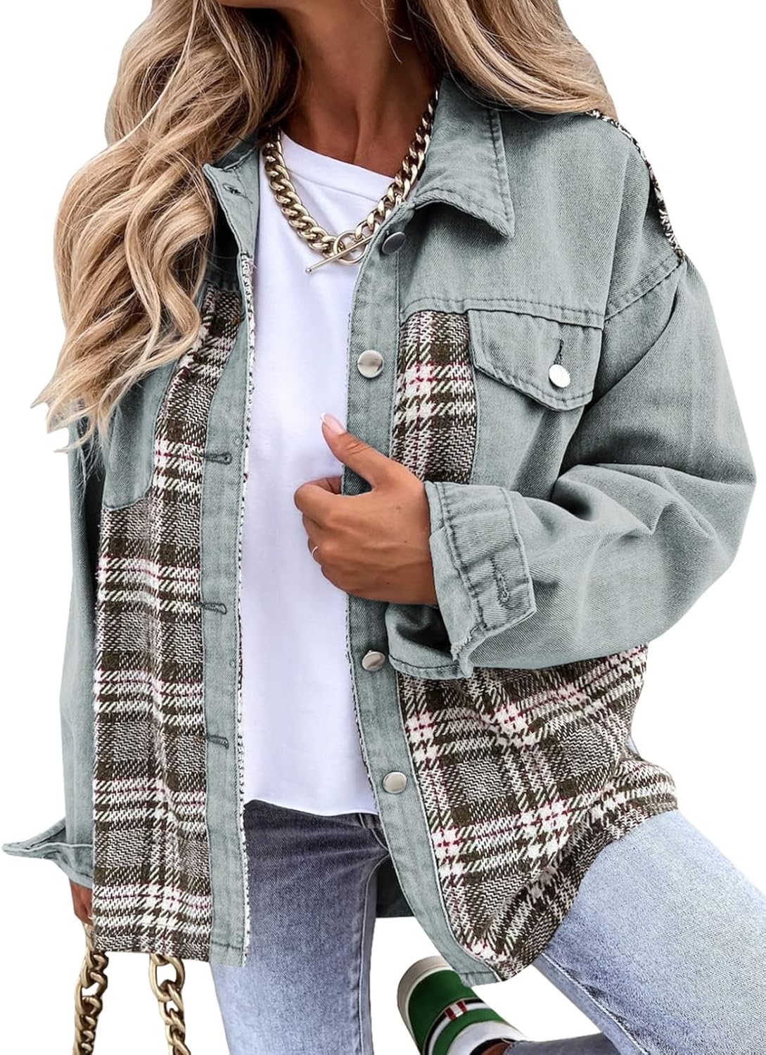 SHEWIN Womens Oversized Denim Jacket Casual Long Sleeve Button Down Plaid Shacket Boyfriend Jean Jacket With Pockets