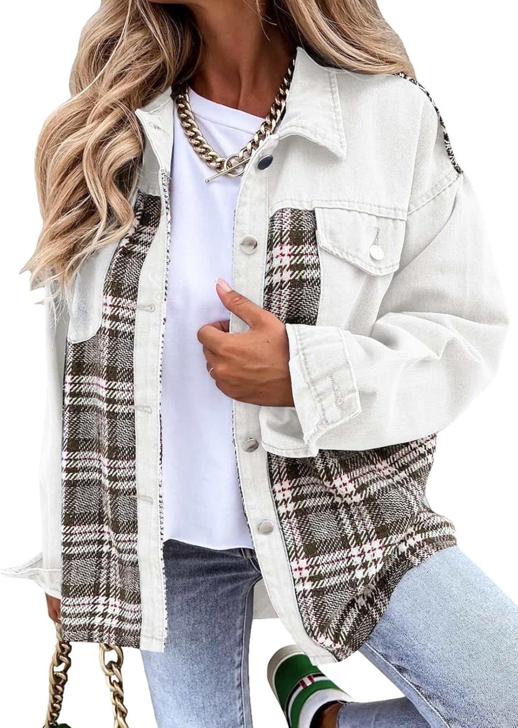 SHEWIN Womens Oversized Denim Jacket Casual Long Sleeve Button Down Plaid Shacket Boyfriend Jean Jacket With Pockets