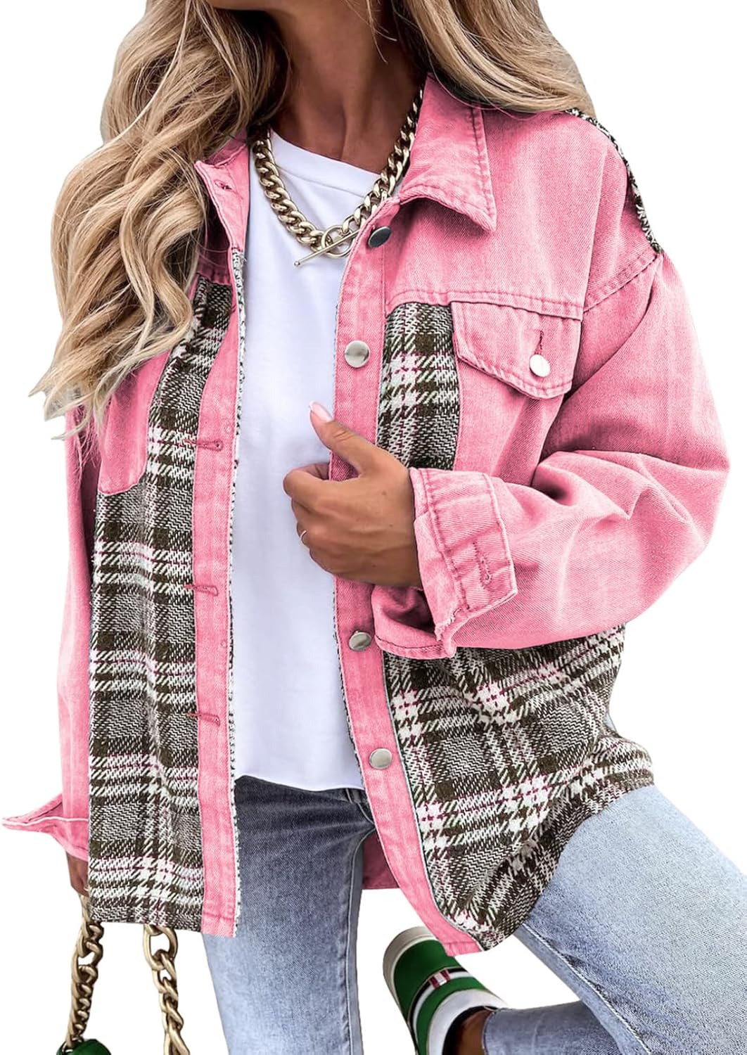 SHEWIN Womens Oversized Denim Jacket Casual Long Sleeve Button Down Plaid Shacket Boyfriend Jean Jacket With Pockets