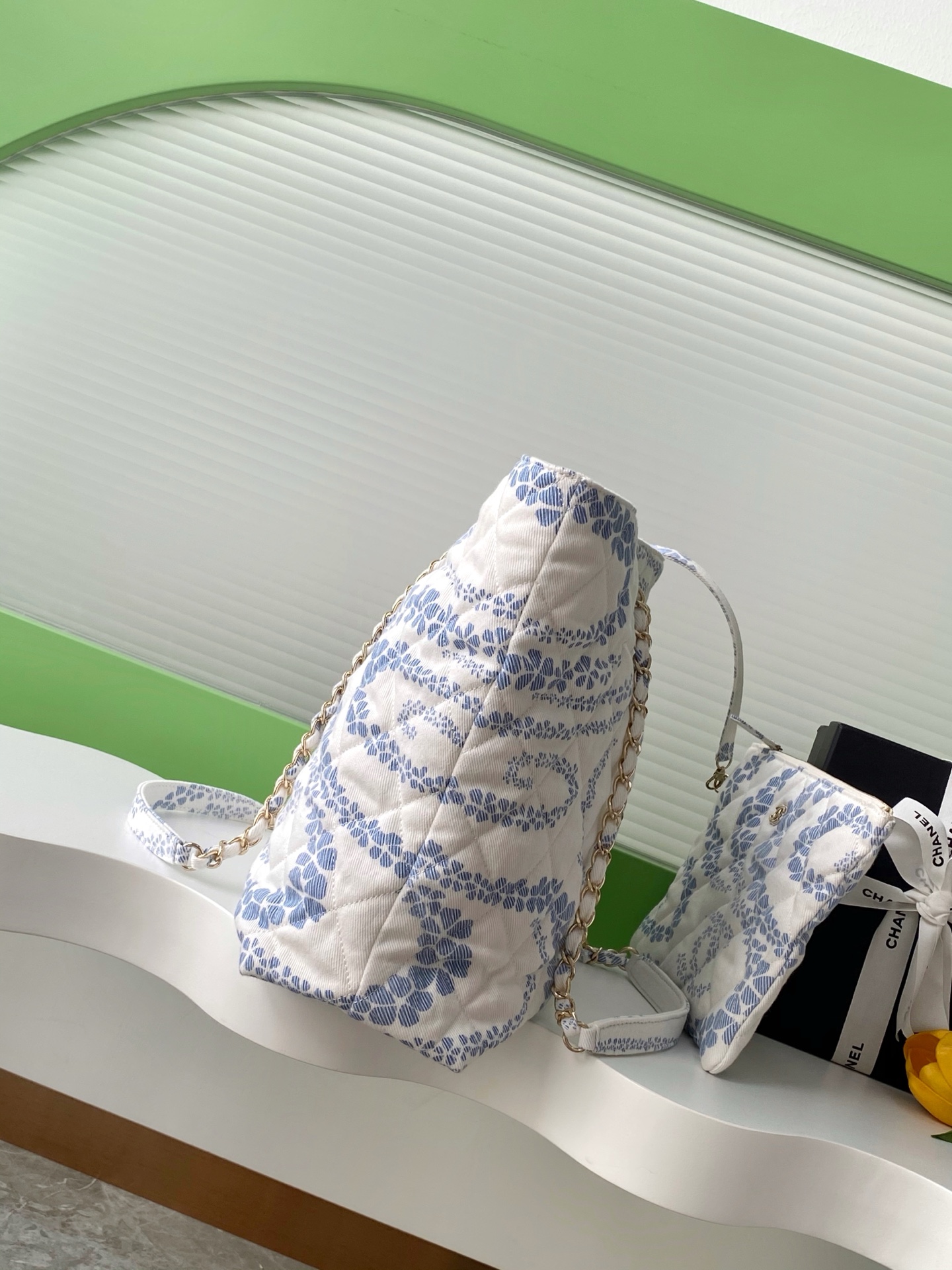 Shopping bag, Printed denim & gold-tone metal, blue & white