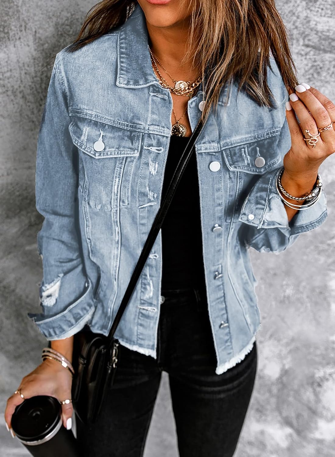 Sidefeel Women’s Denim Jacket Long Sleeve Button Distressed Ripped Zimbaplatinum Jean Coat