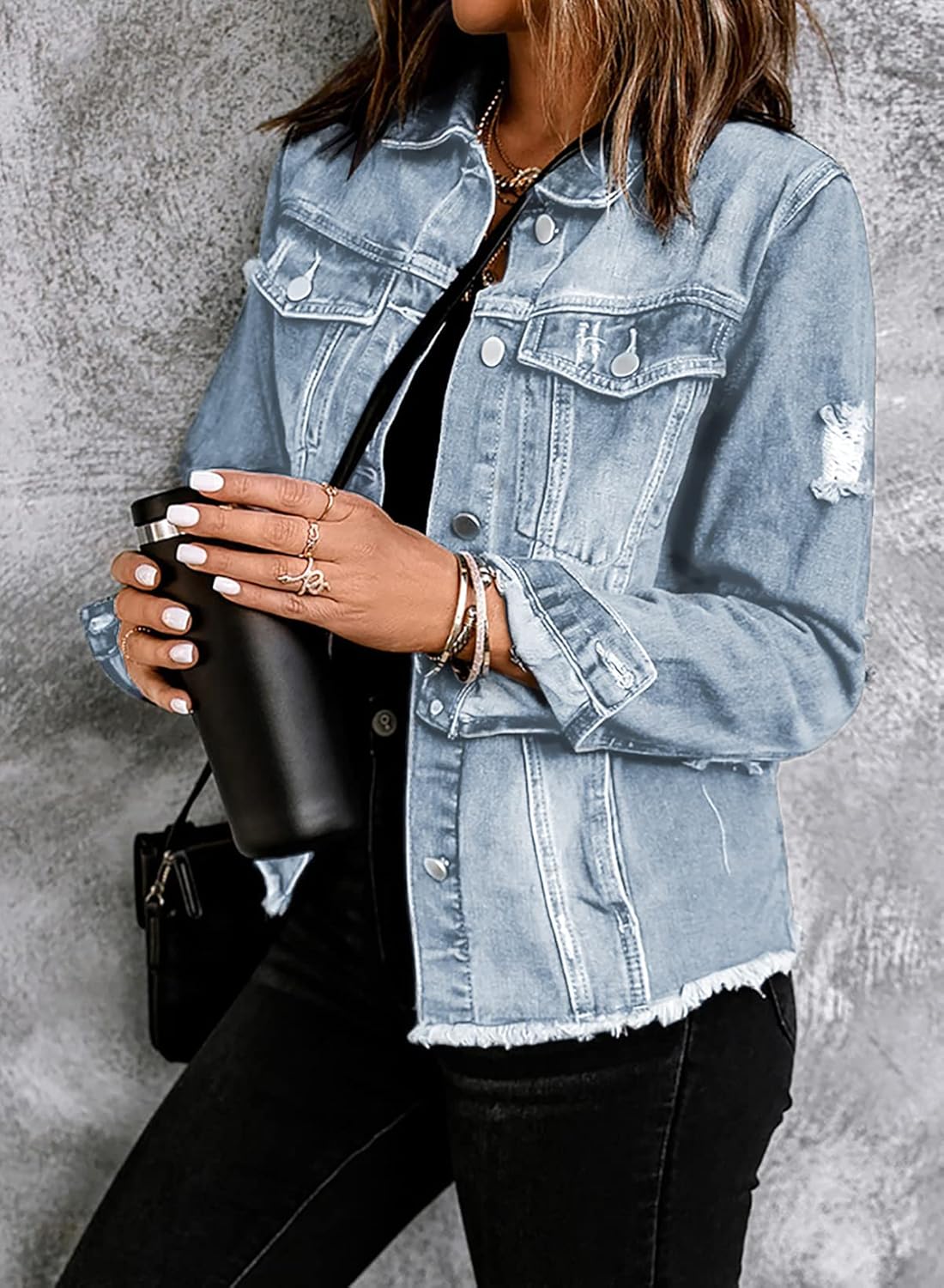 Sidefeel Women’s Denim Jacket Long Sleeve Button Distressed Ripped Zimbaplatinum Jean Coat