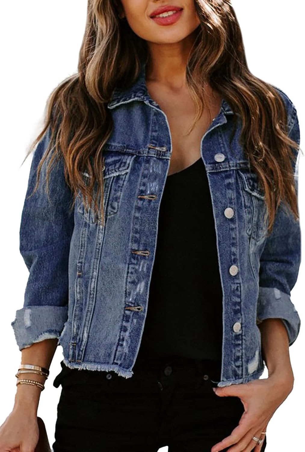 Sidefeel Women’s Denim Jacket Long Sleeve Button Distressed Ripped Zimbaplatinum Jean Coat