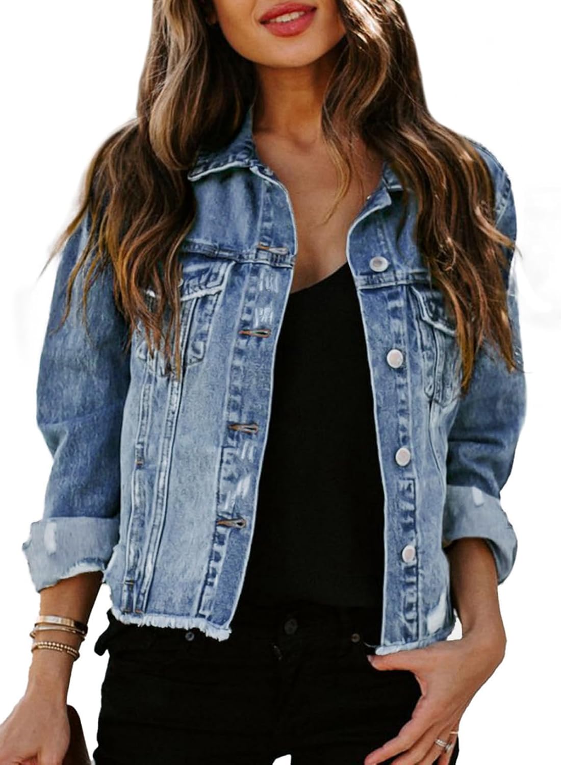 Sidefeel Women’s Denim Jacket Long Sleeve Button Distressed Ripped Zimbaplatinum Jean Coat