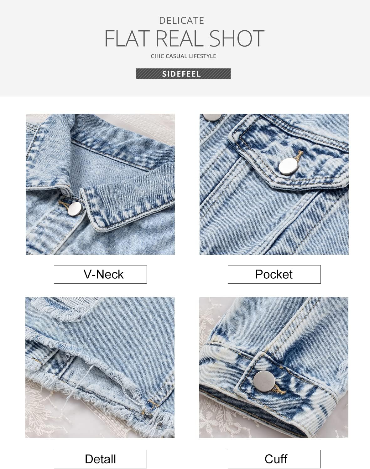 Sidefeel Women’s Denim Jacket Long Sleeve Button Distressed Ripped Zimbaplatinum Jean Coat