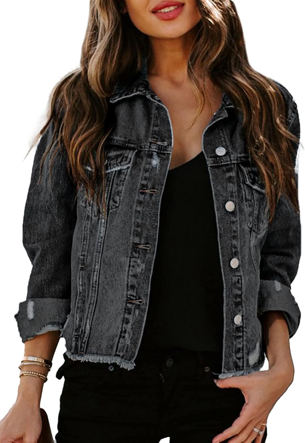 Sidefeel Women’s Denim Jacket Long Sleeve Button Distressed Ripped Zimbaplatinum Jean Coat