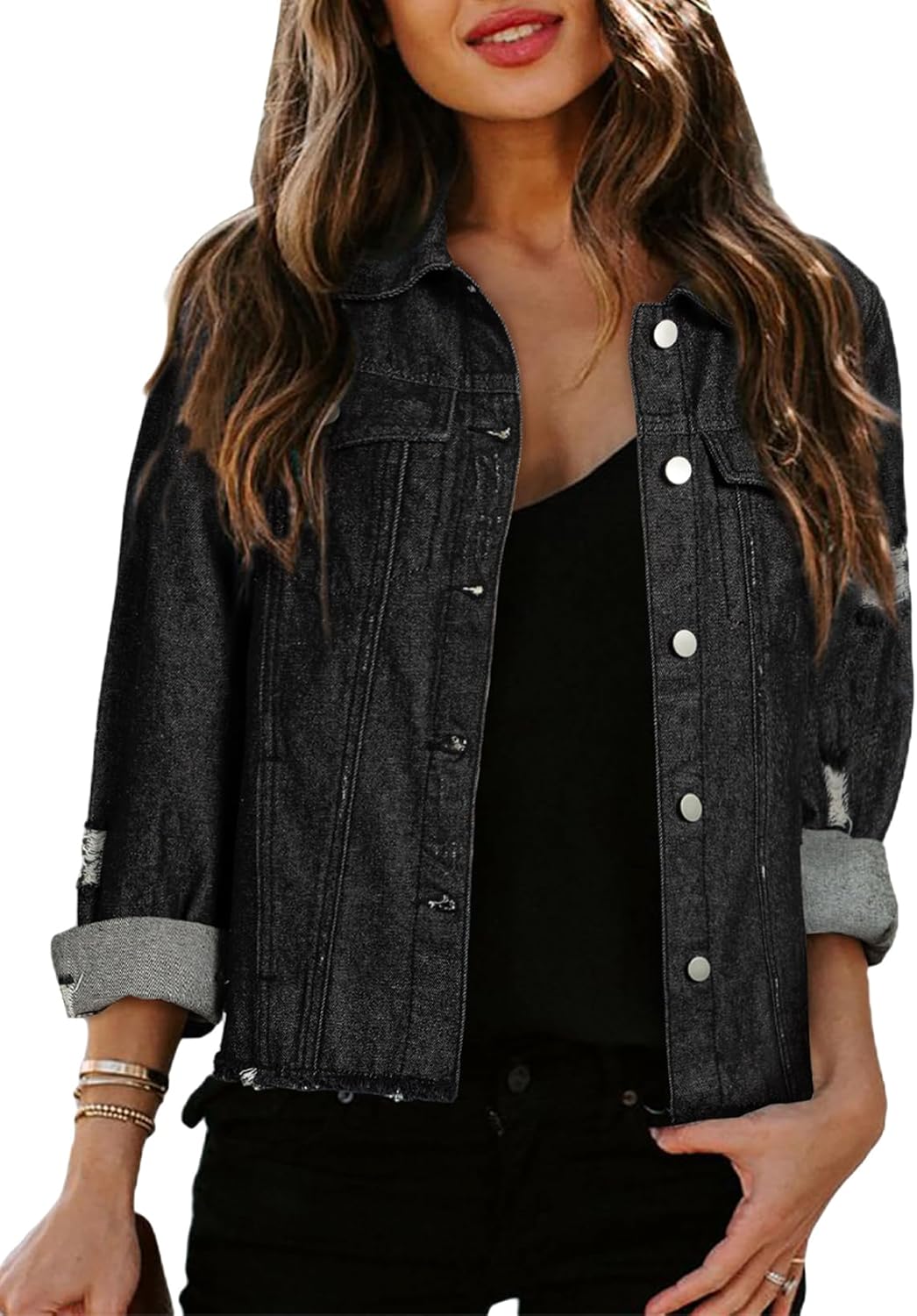 Sidefeel Women’s Denim Jacket Long Sleeve Button Distressed Ripped Zimbaplatinum Jean Coat