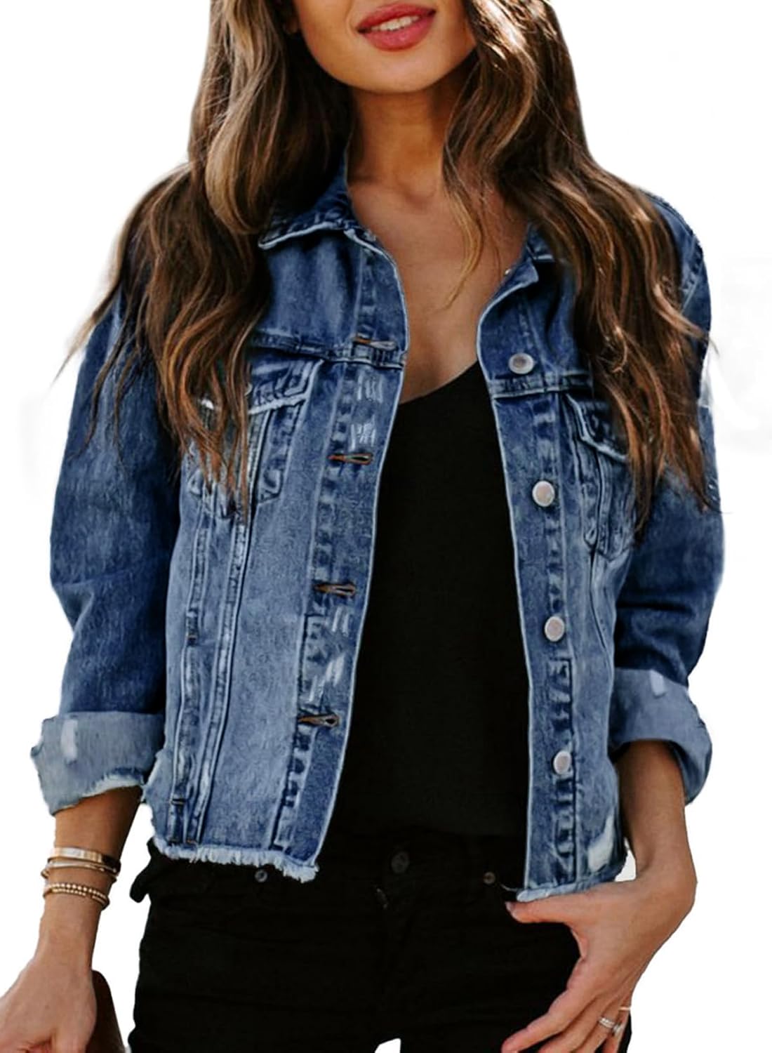 Sidefeel Women’s Denim Jacket Long Sleeve Button Distressed Ripped Zimbaplatinum Jean Coat