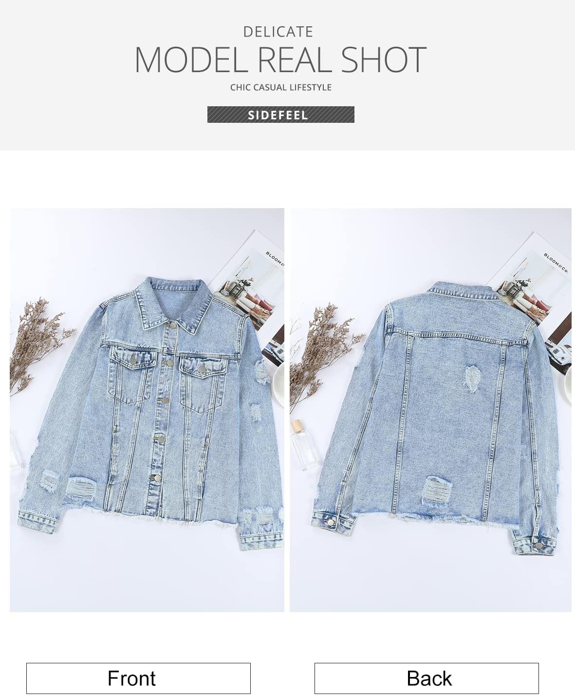 Sidefeel Women’s Denim Jacket Long Sleeve Button Distressed Ripped Zimbaplatinum Jean Coat