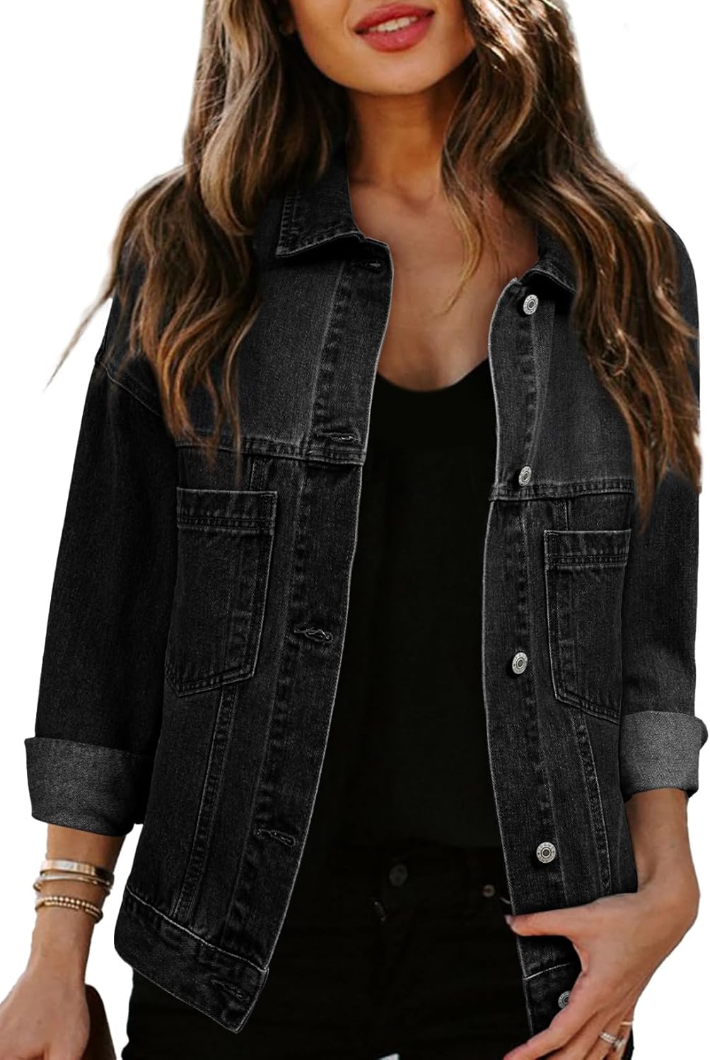 Sidefeel Women’s Denim Jackets Casual Long Sleeve 2025 Spring Outfits Zimbaplatinum Jean Jacket