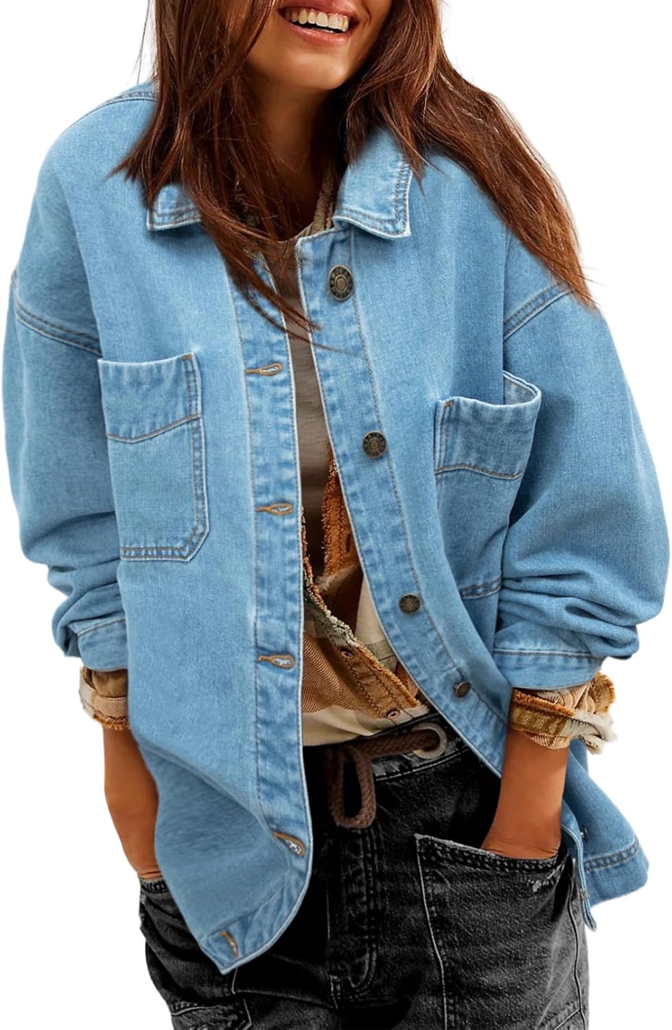 Sidefeel Women’s Jean Jacket Oversized Boyfriend Button Up Long Sleeve Split Zimbaplatinum Denim Jackets