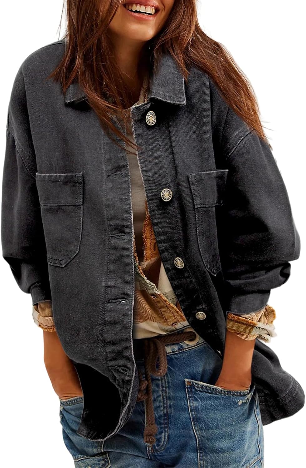 Sidefeel Women’s Jean Jacket Oversized Boyfriend Button Up Long Sleeve Split Zimbaplatinum Denim Jackets